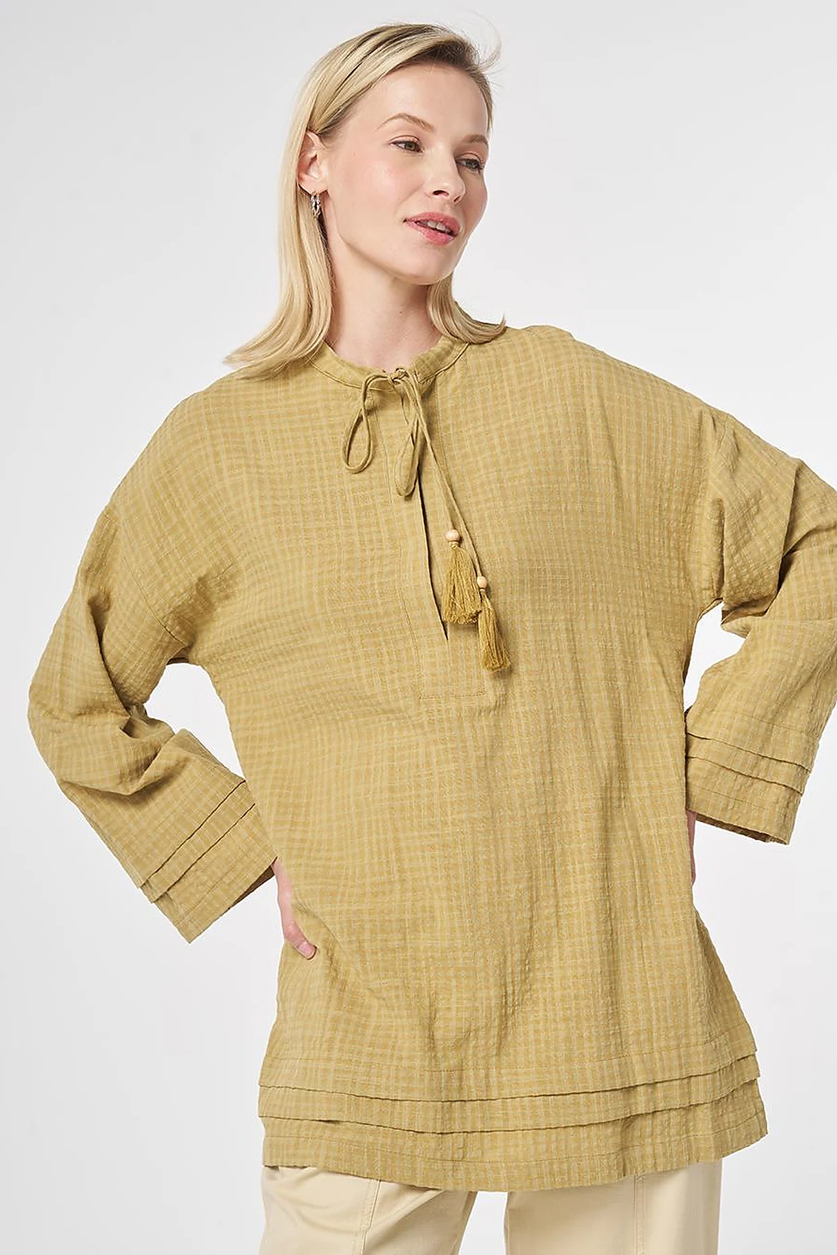 Tie-Neck Cotton Tunic Olive Green