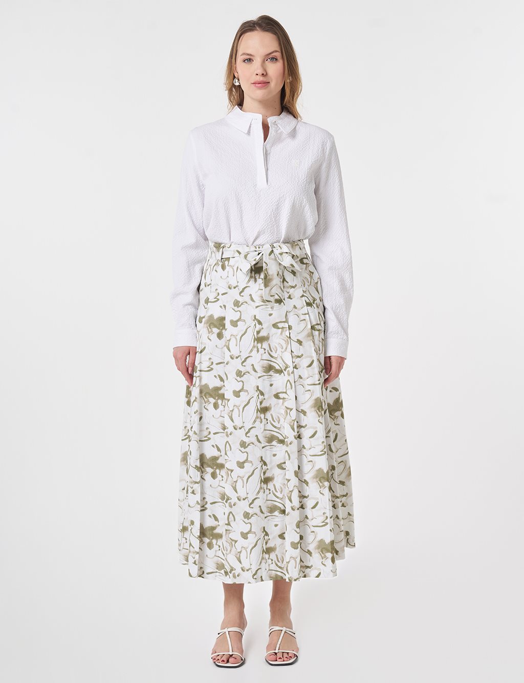 Belted Flared Skirt Matcha Green