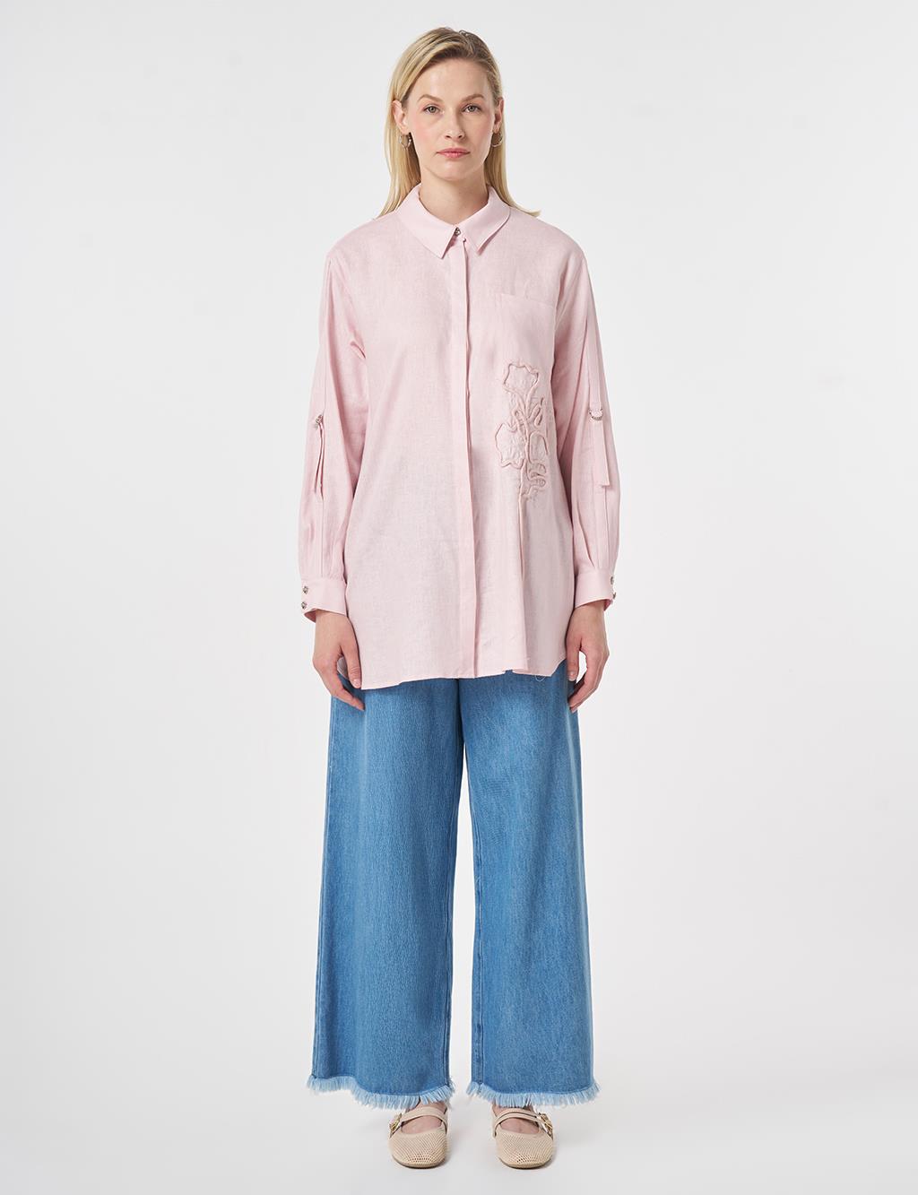 Embroidered Appliqué Linen Lyocell Tunic Powder Pink