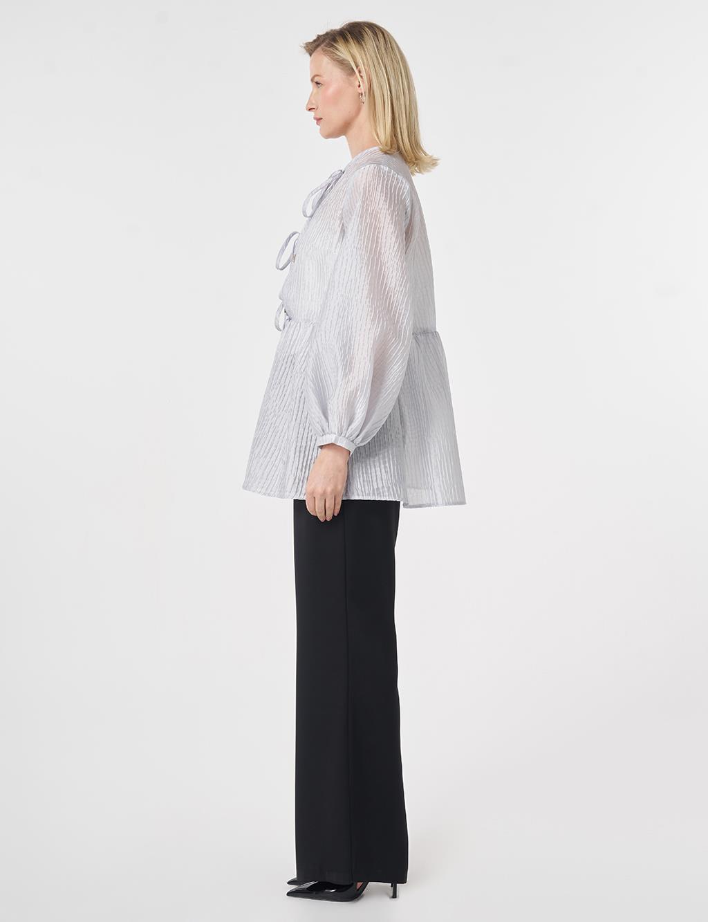 Lace-Up Jacquard Blouse Blue
