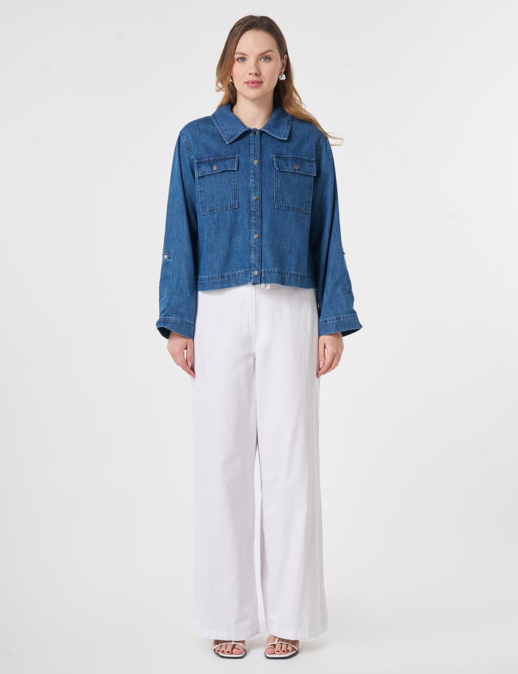 Cep Detaylı Denim Ceket Mavi
