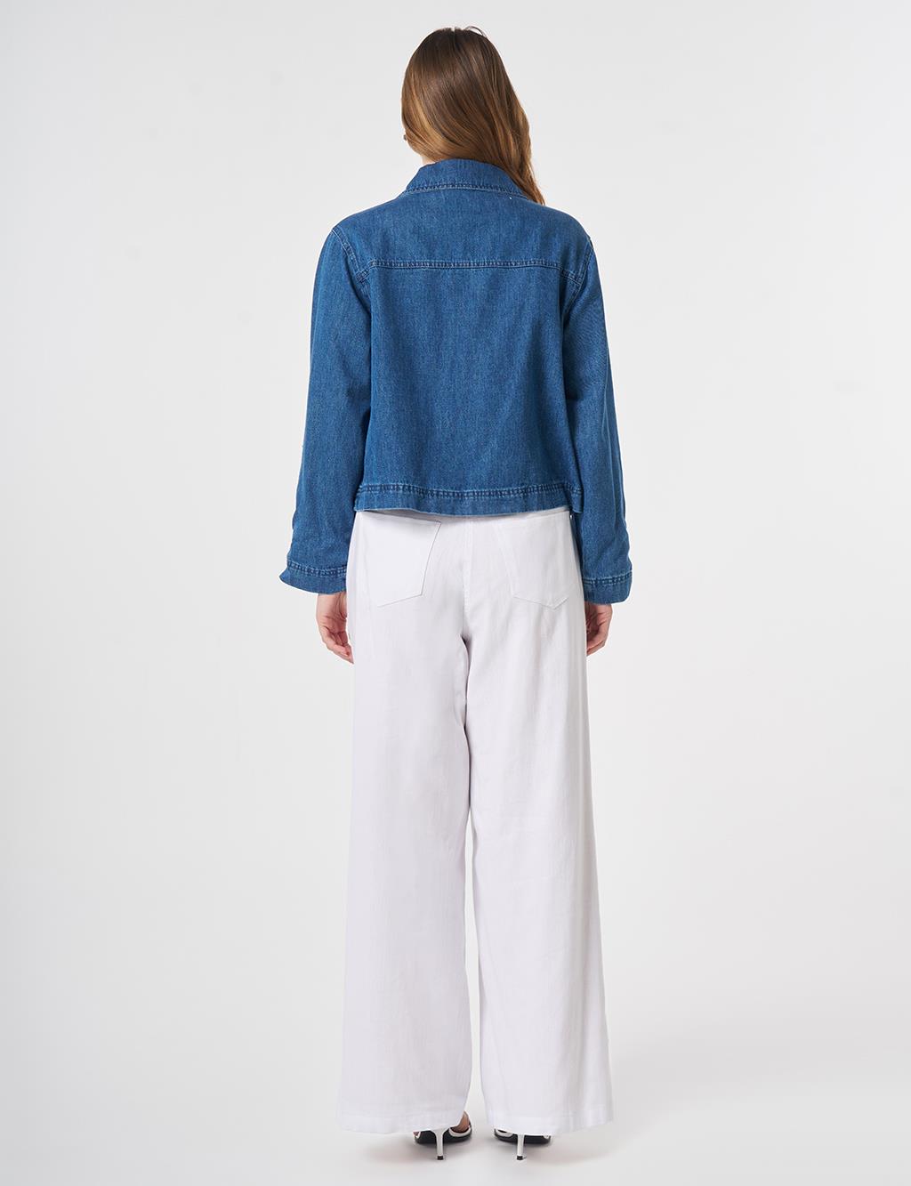 Cep Detaylı Denim Ceket Mavi