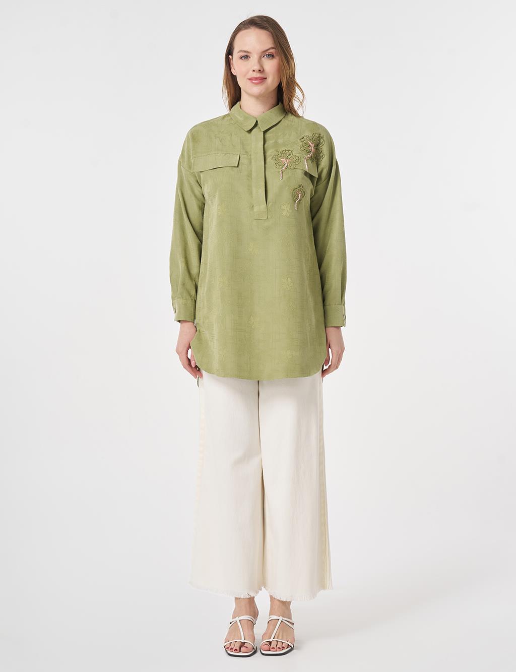 Embroidered Appliqué Flap Pocket Modal Tunic Matcha Green