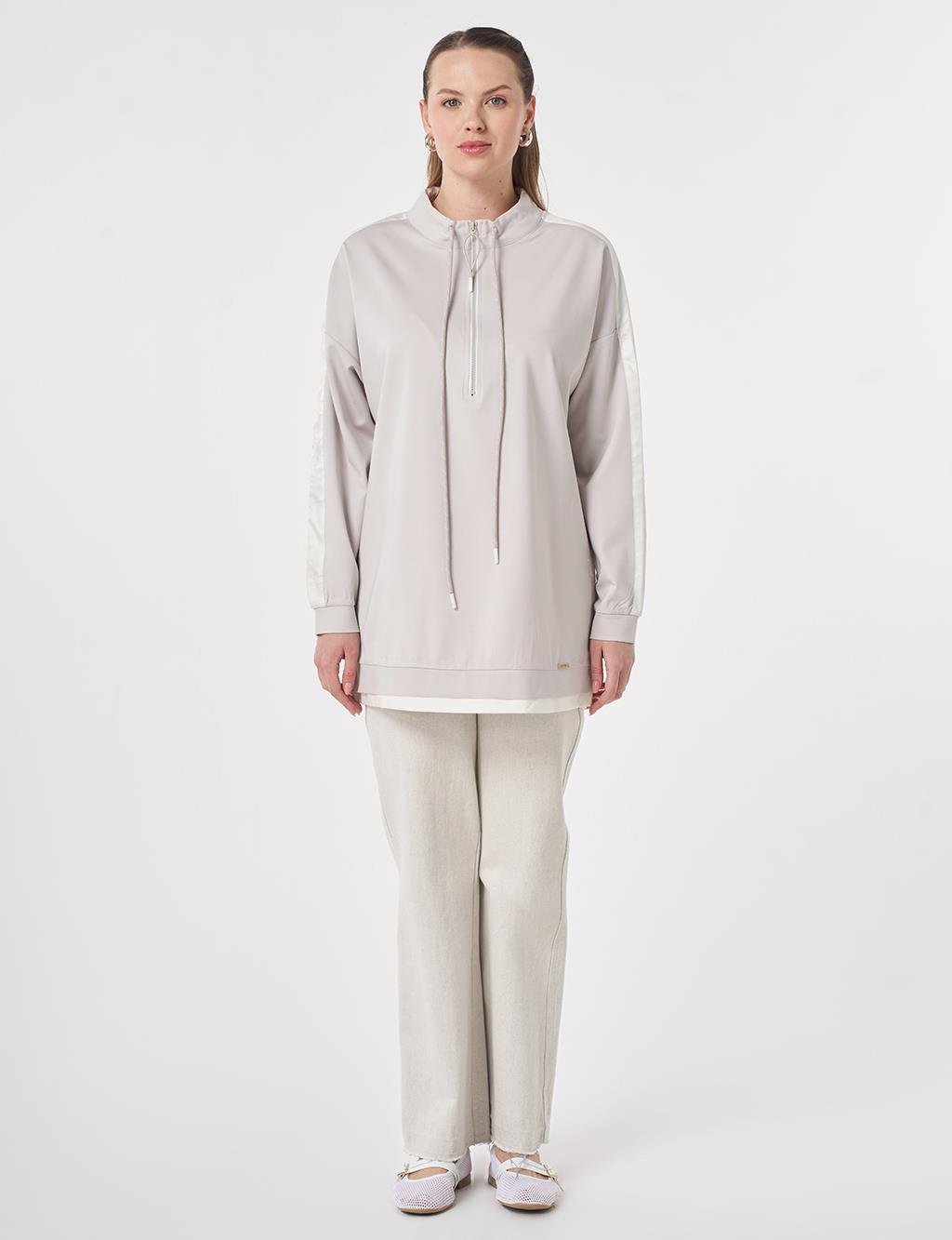 Stand Collar Panel Detail Sweatshirt Light Grey
