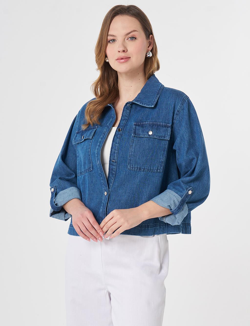Cep Detaylı Denim Ceket Mavi