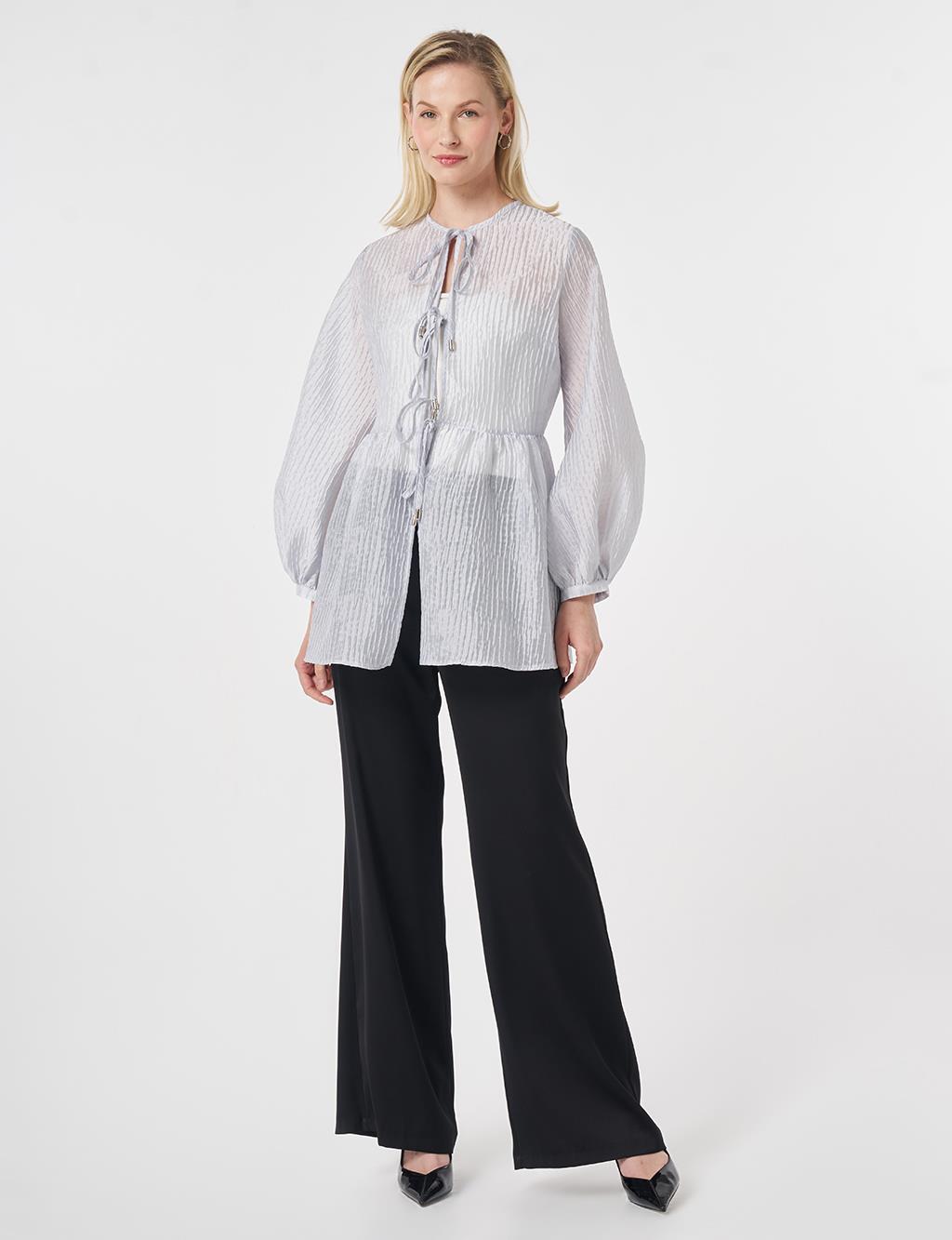 Lace-Up Jacquard Blouse Blue