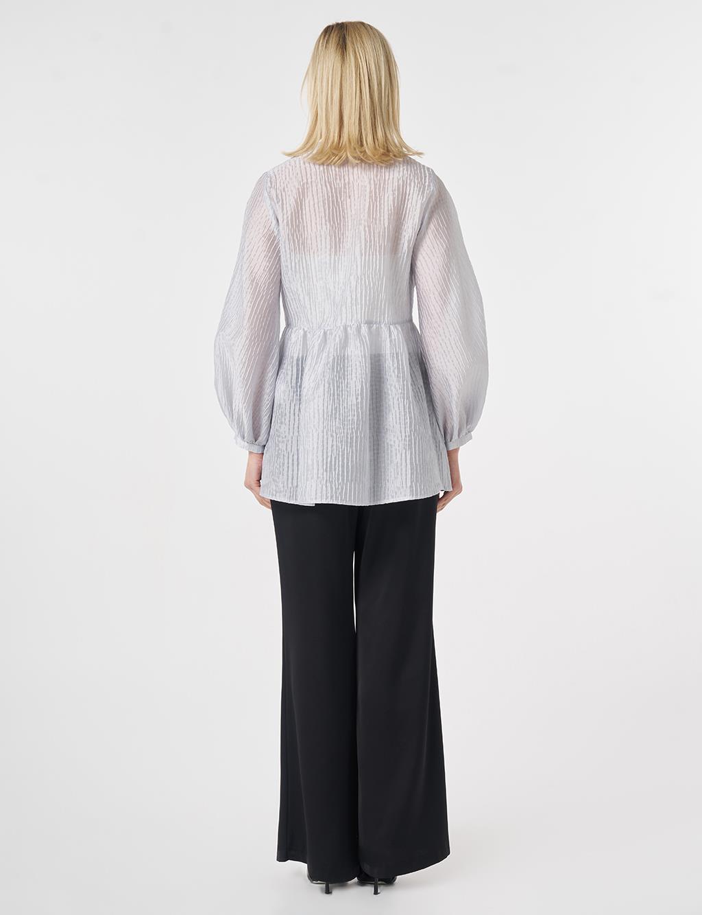 Lace-Up Jacquard Blouse Blue