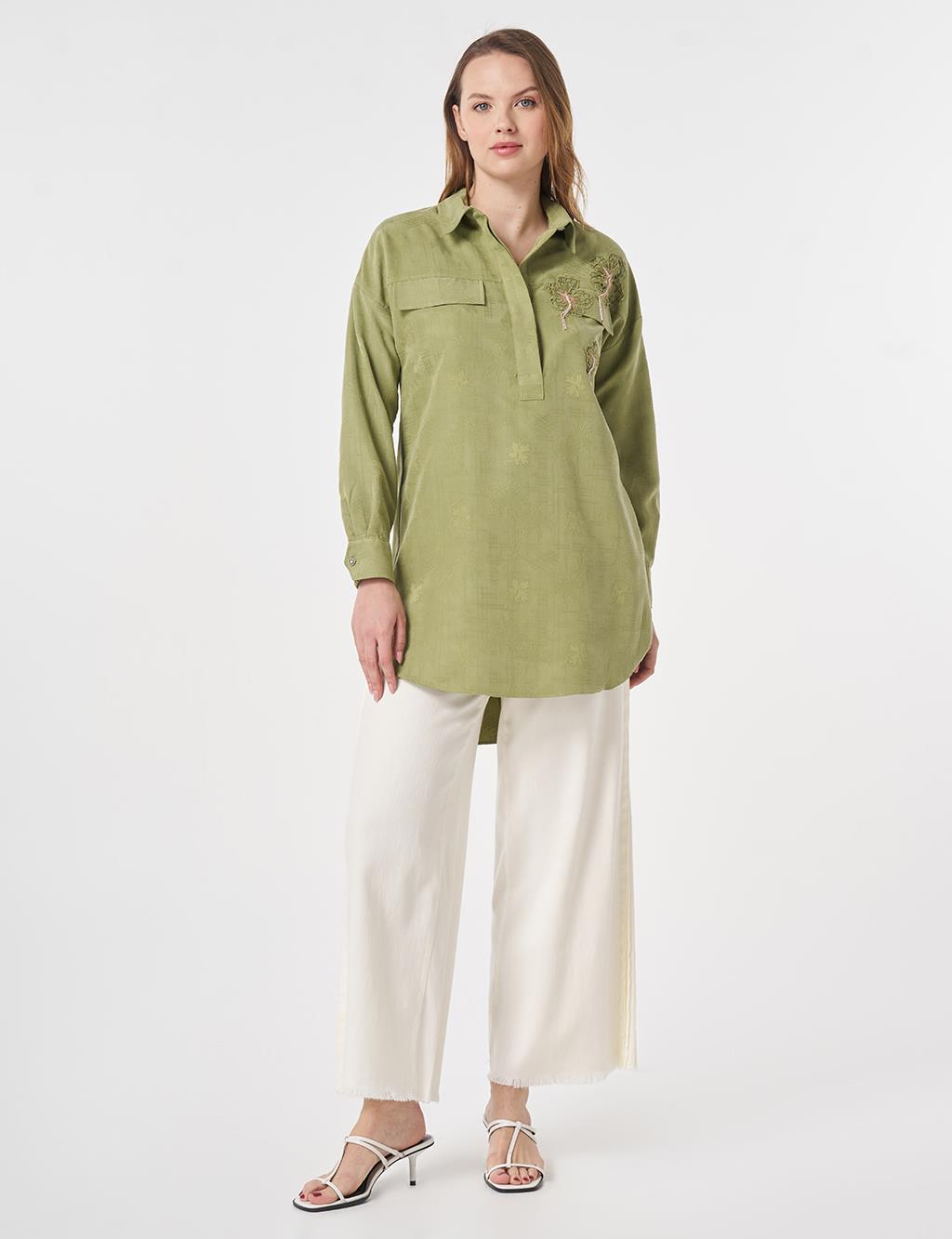 Embroidered Appliqué Flap Pocket Modal Tunic Matcha Green