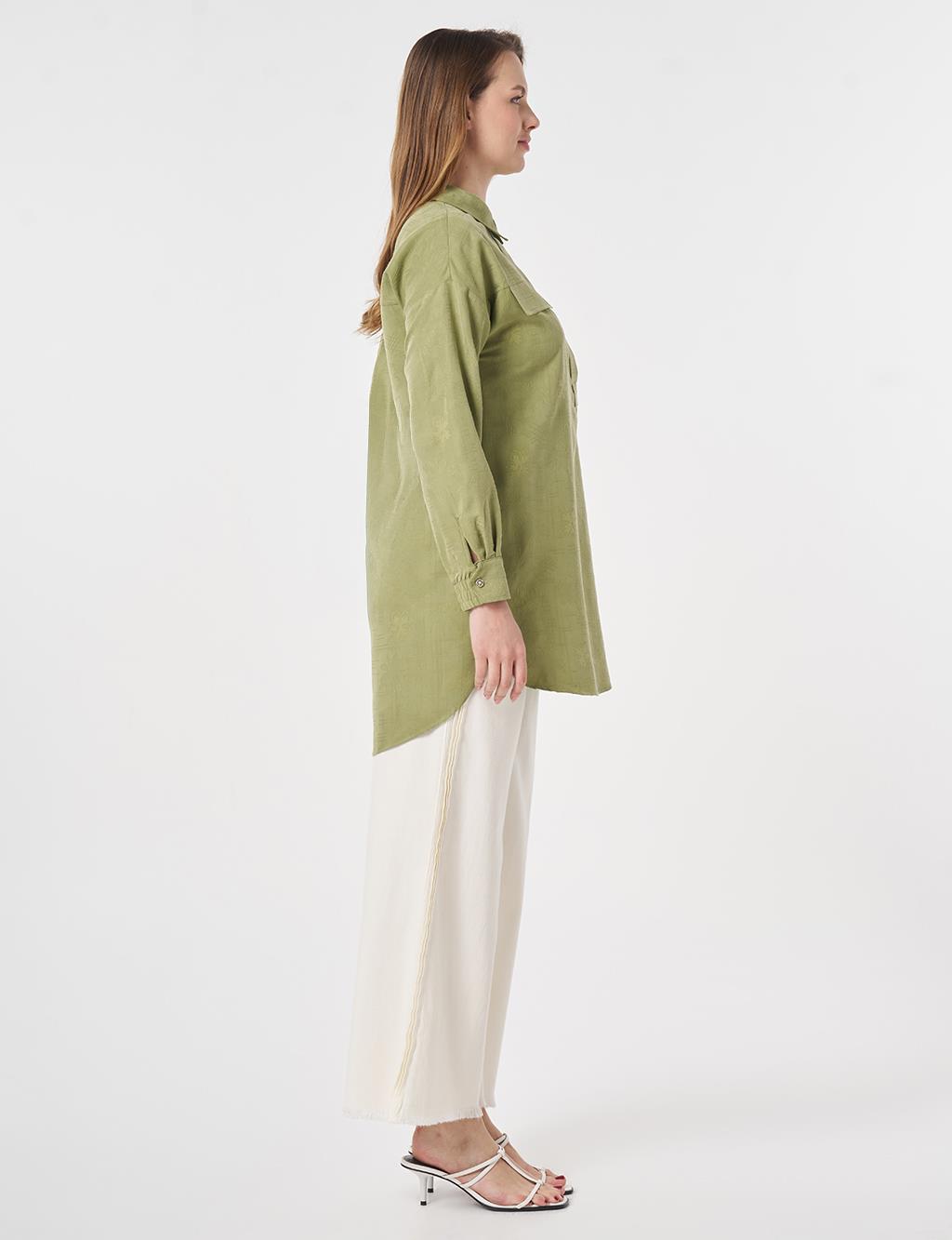 Embroidered Appliqué Flap Pocket Modal Tunic Matcha Green
