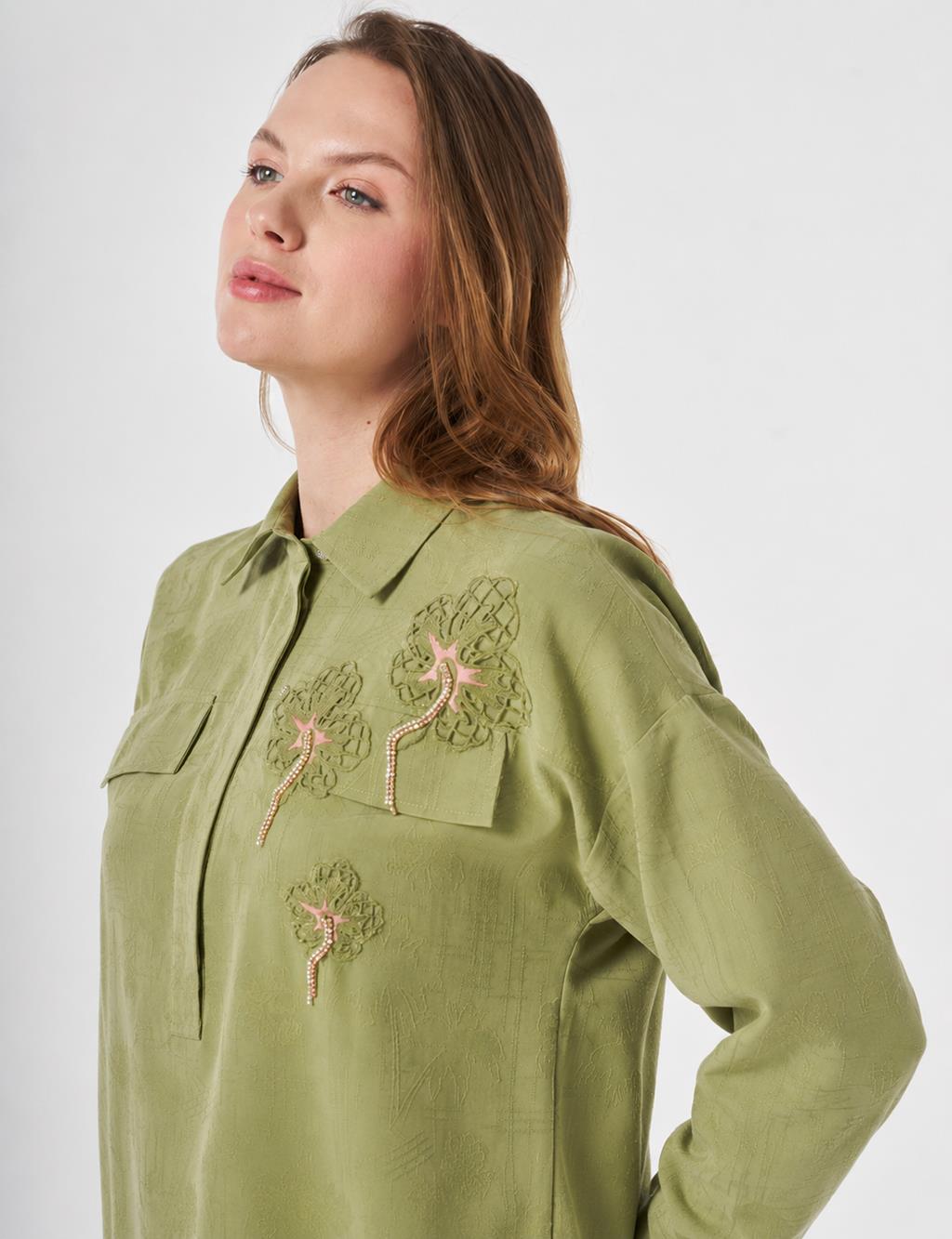Embroidered Appliqué Flap Pocket Modal Tunic Matcha Green