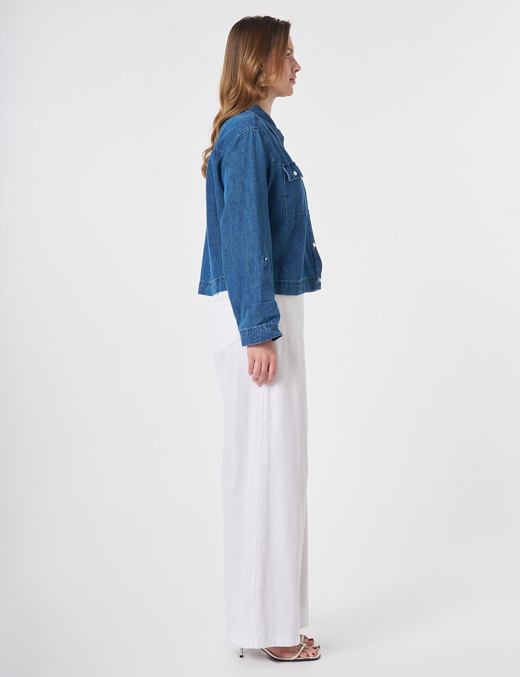 Cep Detaylı Denim Ceket Mavi