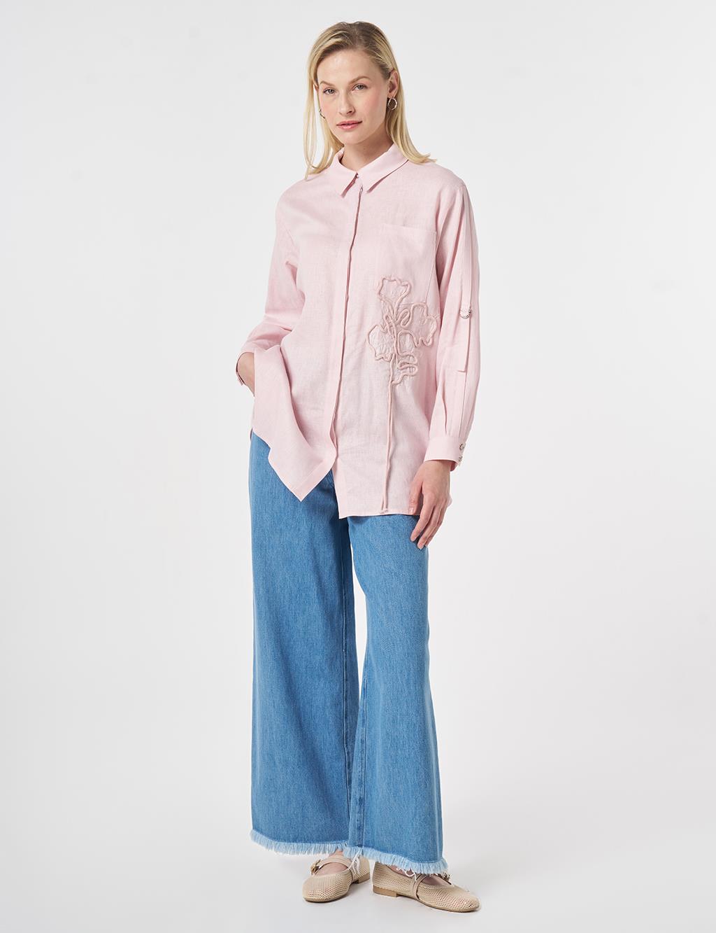 Embroidered Appliqué Linen Lyocell Tunic Powder Pink