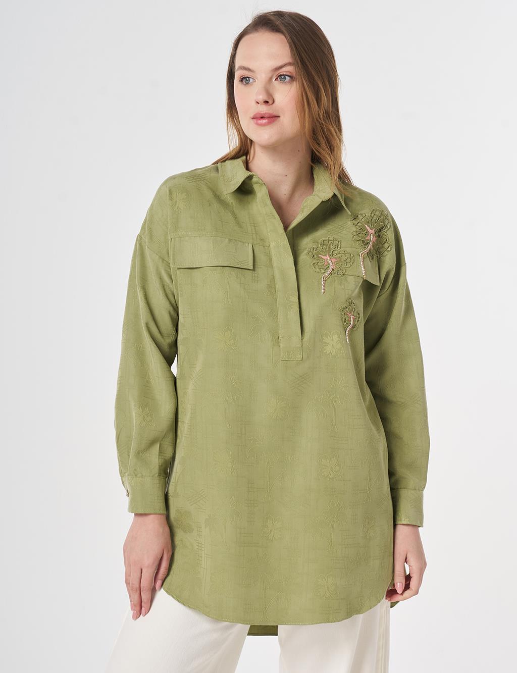Embroidered Appliqué Flap Pocket Modal Tunic Matcha Green