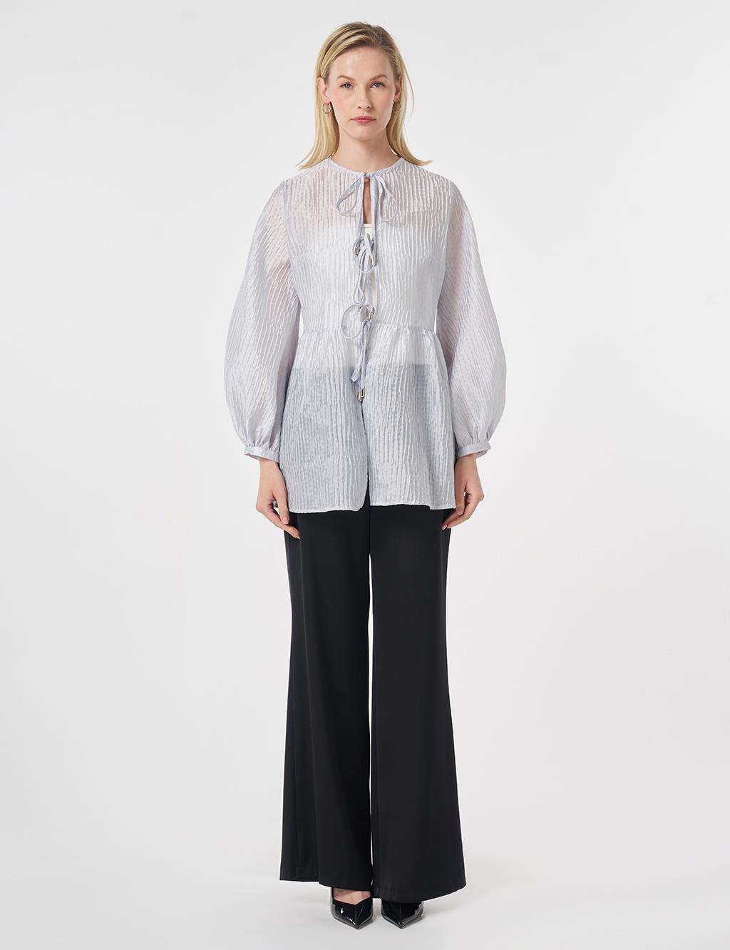 Lace-Up Jacquard Blouse Blue