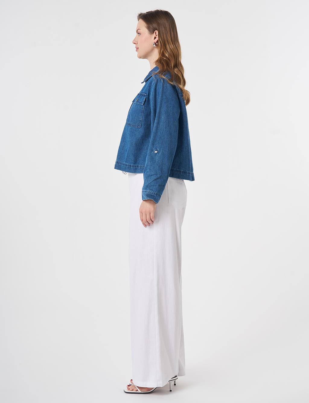 Cep Detaylı Denim Ceket Mavi