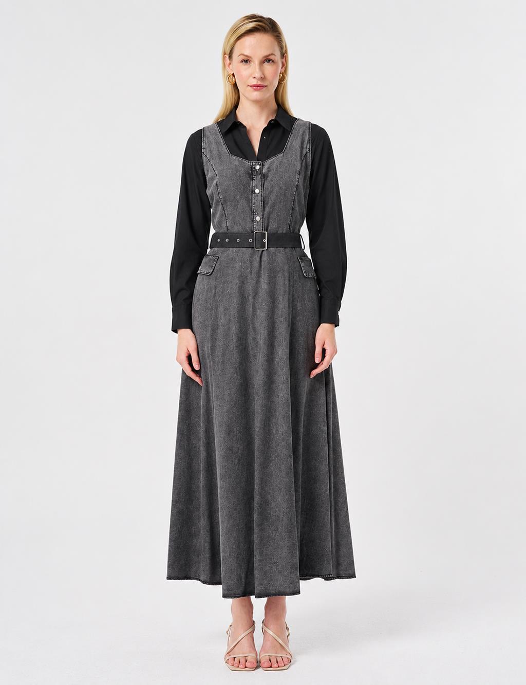 Belt Detail Denim Dress Anthracite