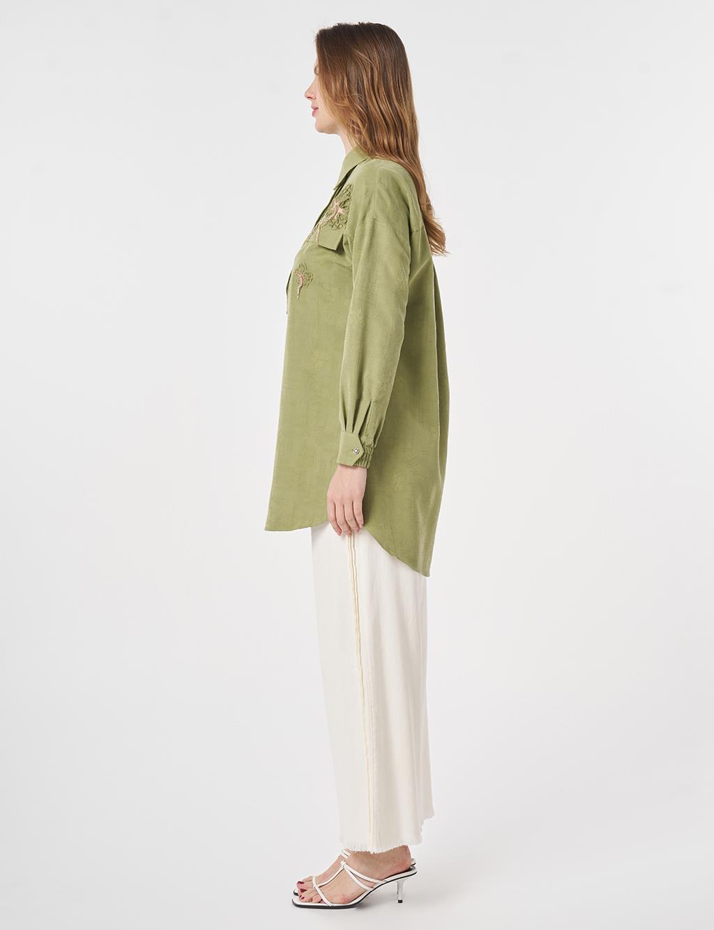 Embroidered Appliqué Flap Pocket Modal Tunic Matcha Green