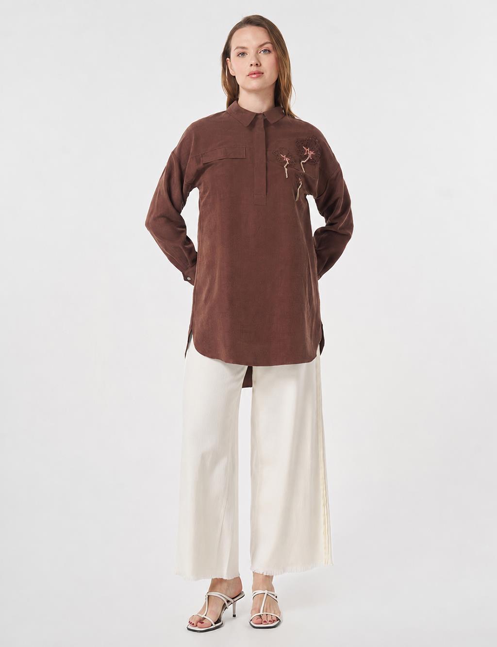 Embroidered Appliqué Flap Pocket Modal Tunic Chocolate