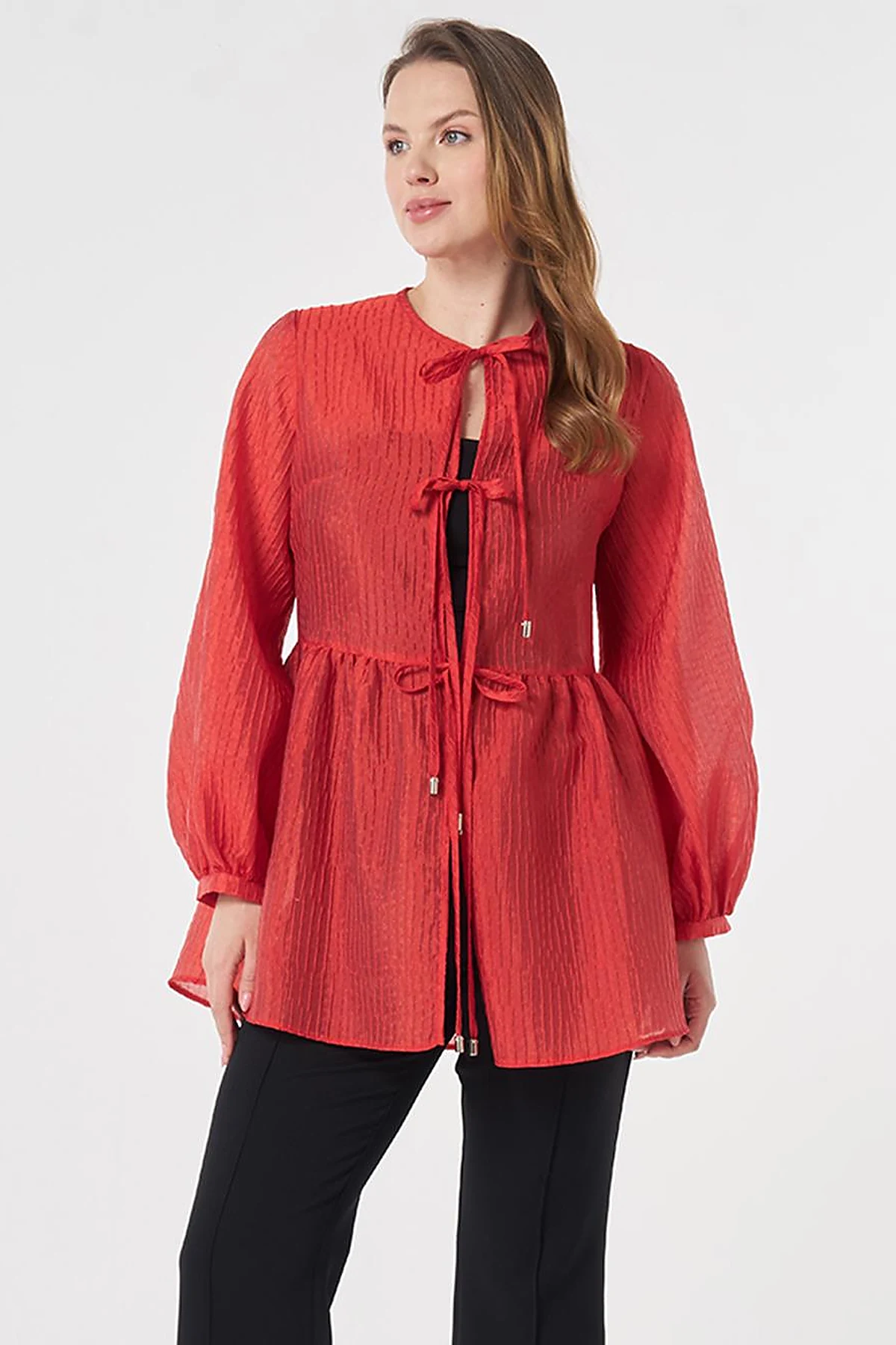 Lace-Up Jacquard Blouse Red