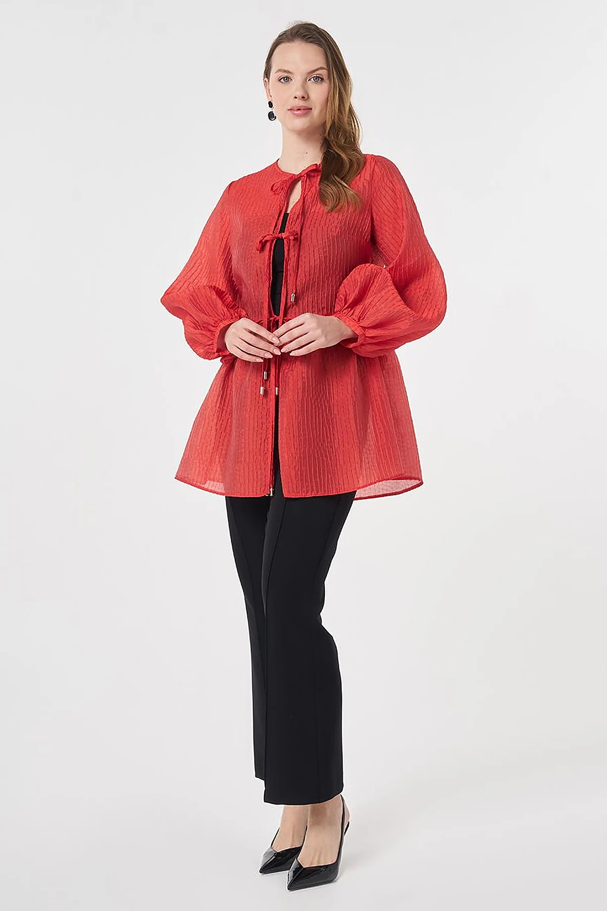 Lace-Up Jacquard Blouse Red