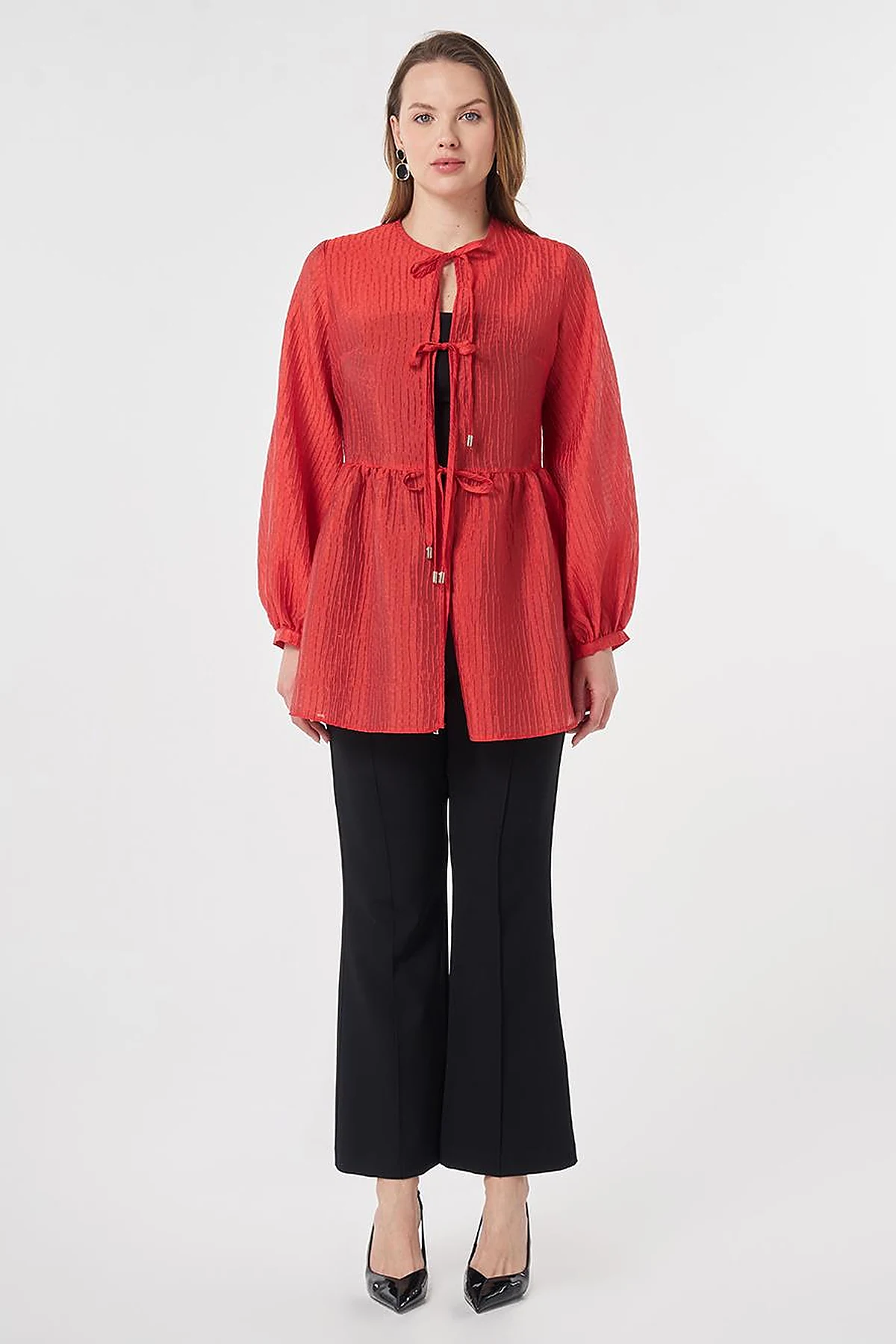 Lace-Up Jacquard Blouse Red