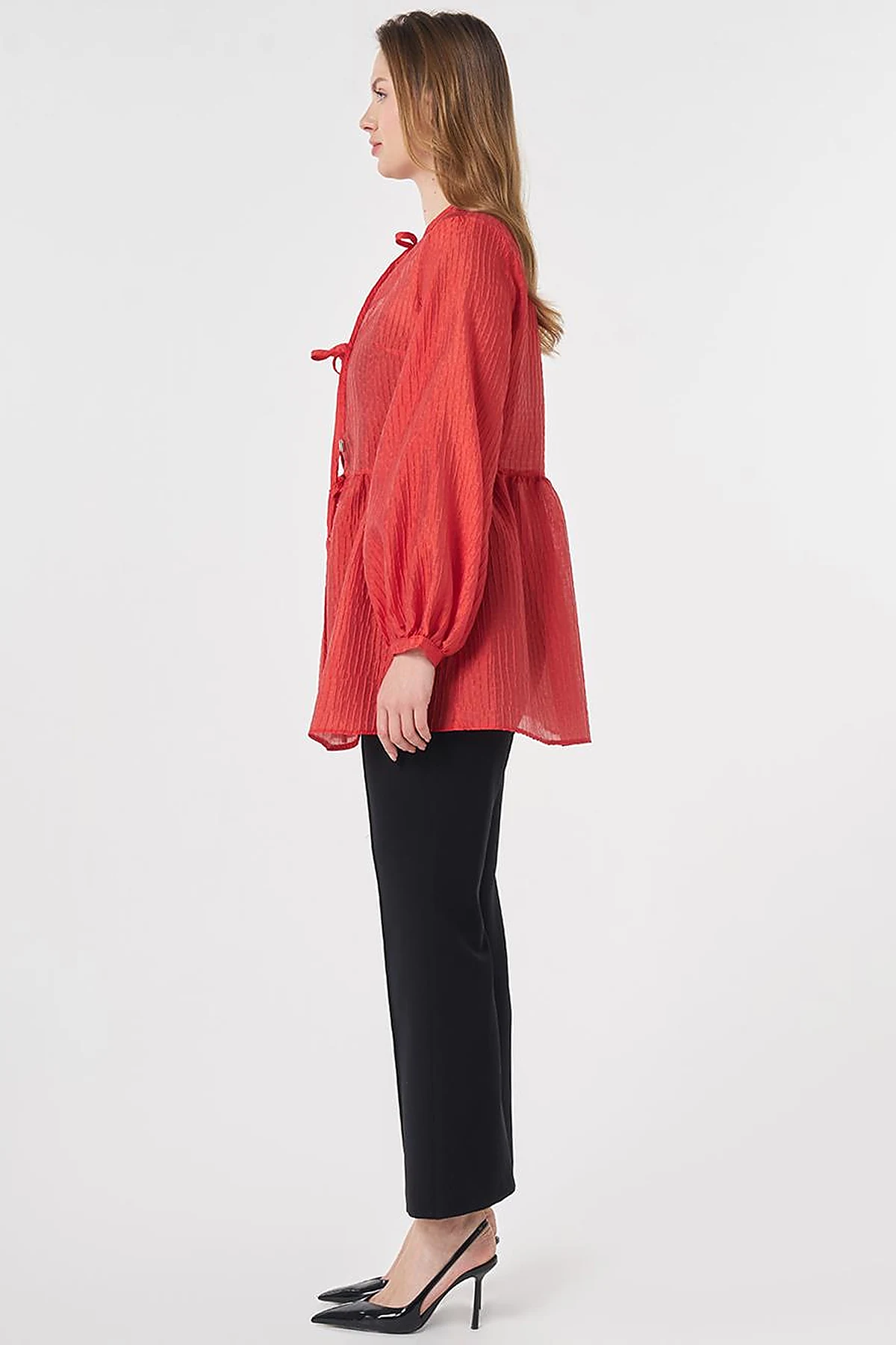 Lace-Up Jacquard Blouse Red