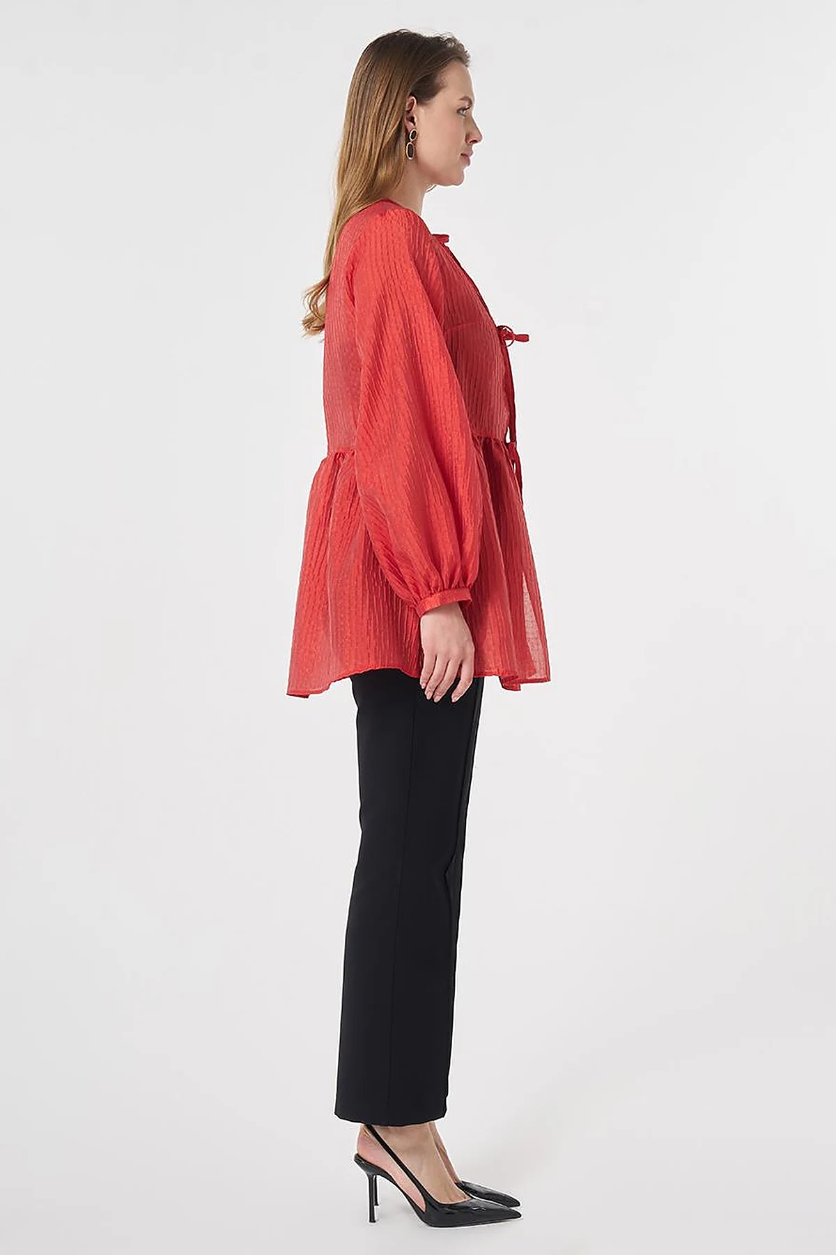 Lace-Up Jacquard Blouse Red