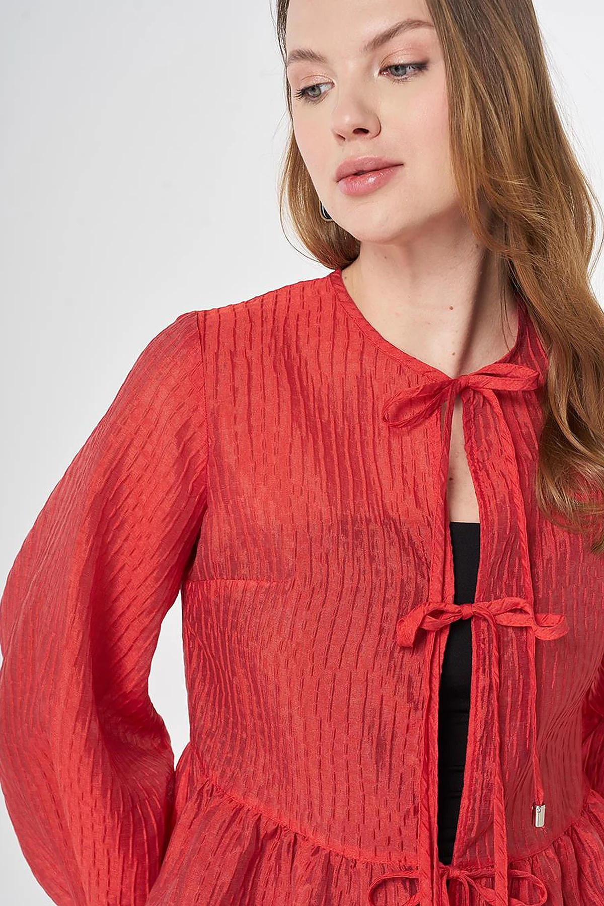Lace-Up Jacquard Blouse Red