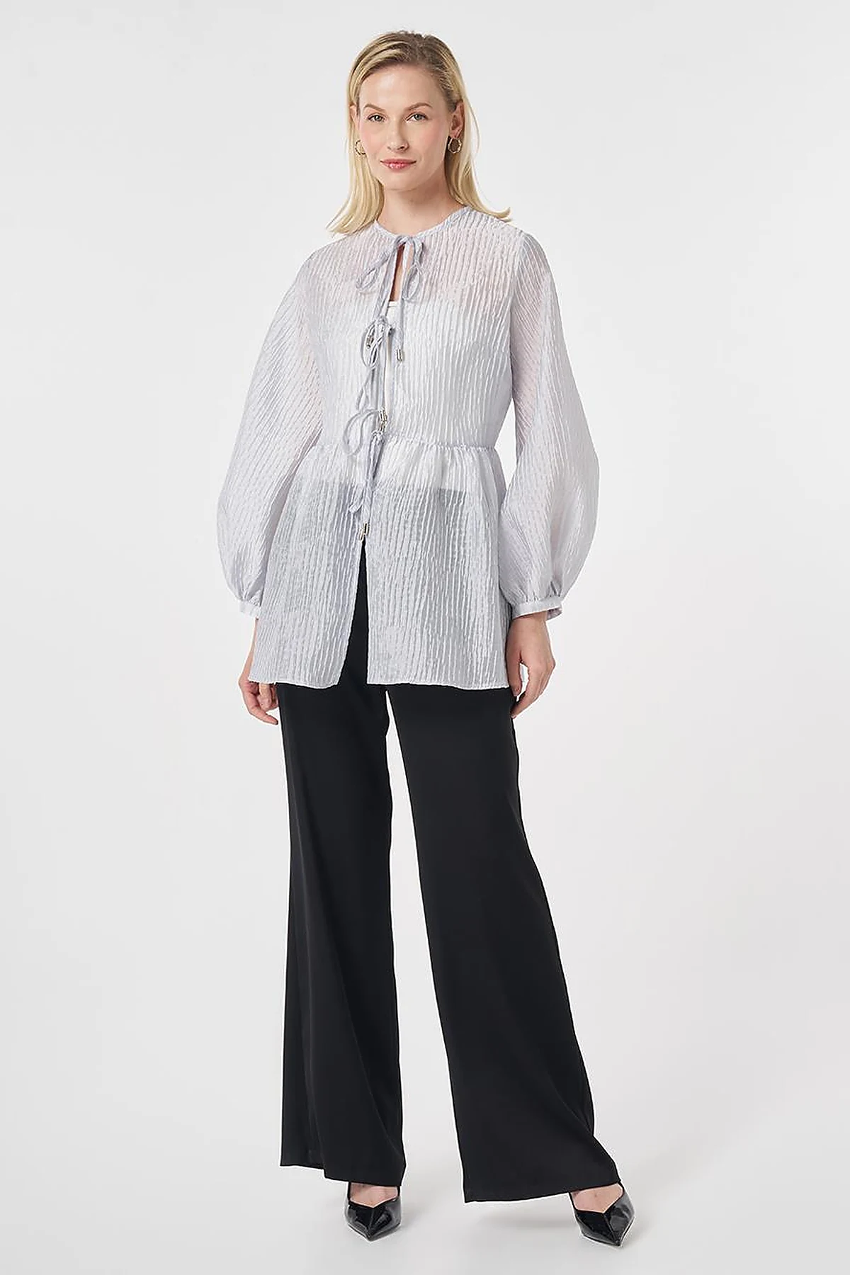 Lace-Up Jacquard Blouse Blue