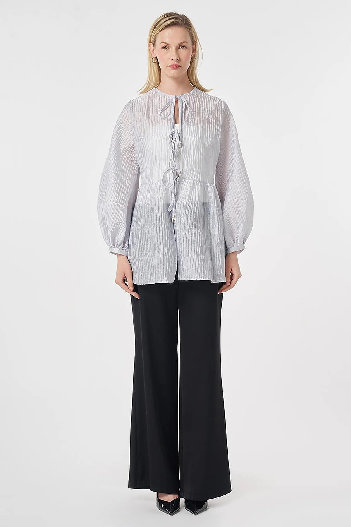 Lace-Up Jacquard Blouse Blue