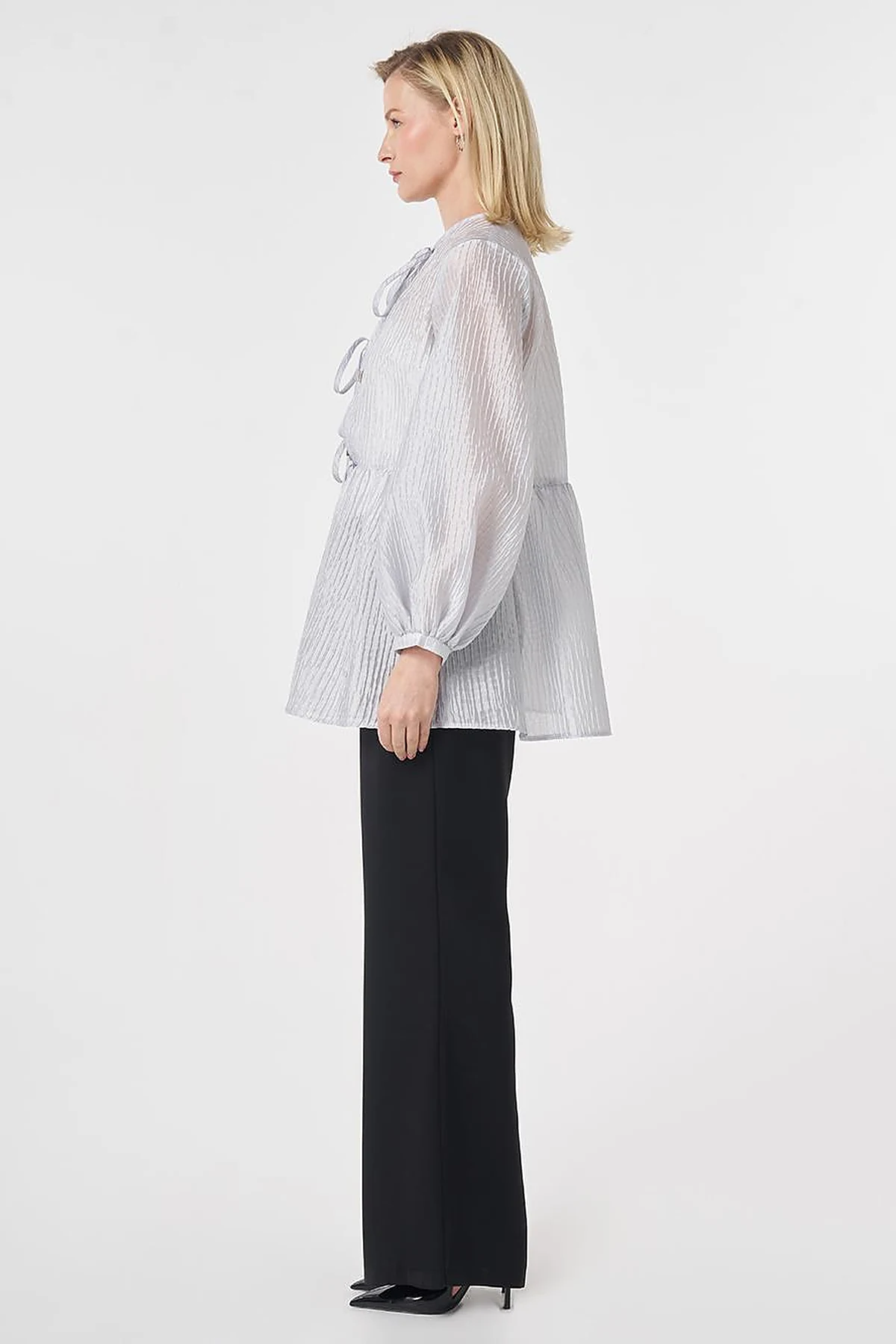 Lace-Up Jacquard Blouse Blue