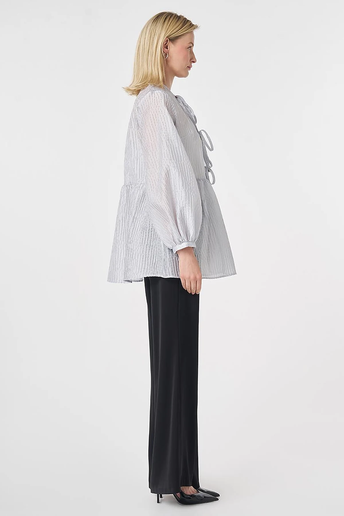Lace-Up Jacquard Blouse Blue