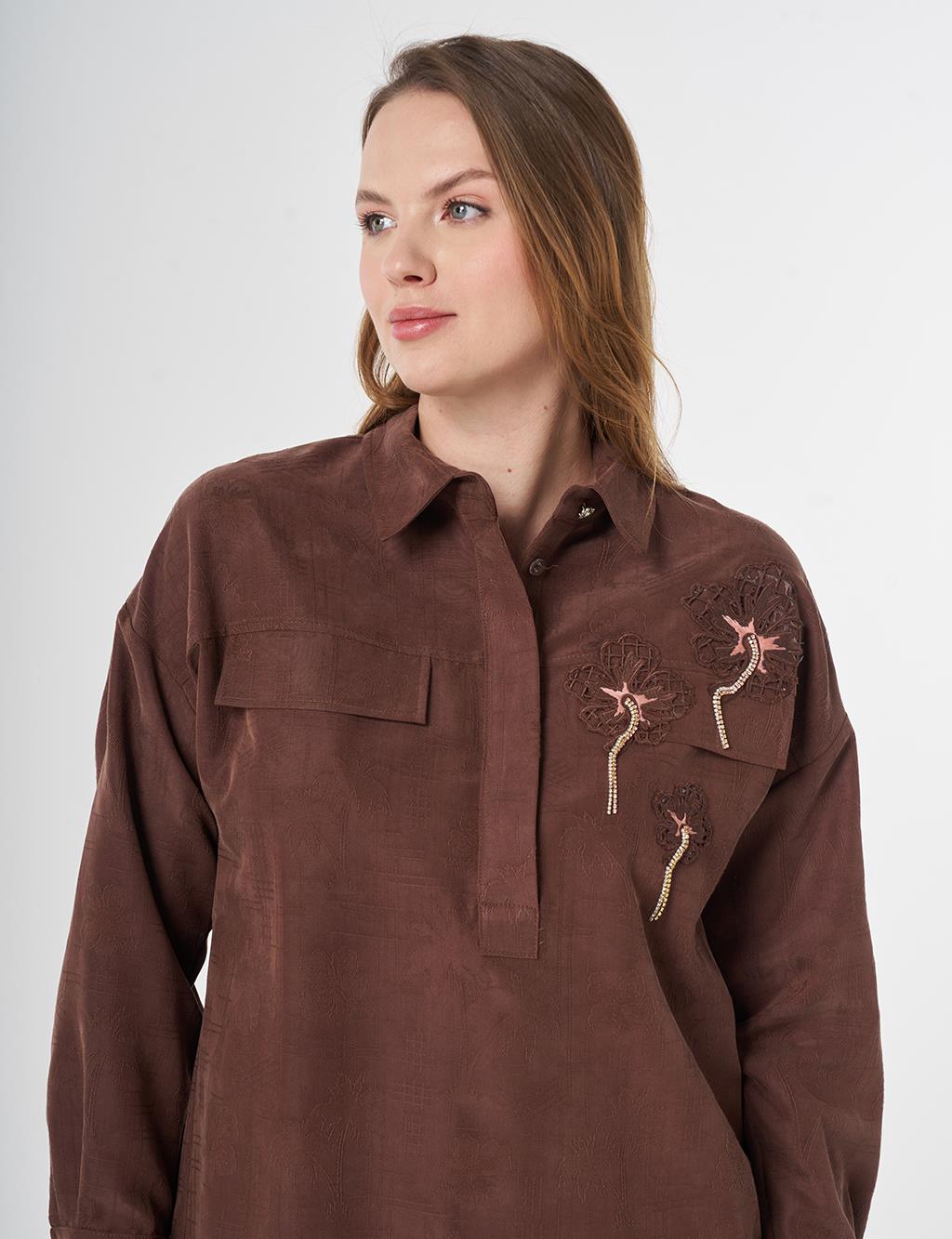 Embroidered Appliqué Flap Pocket Modal Tunic Chocolate