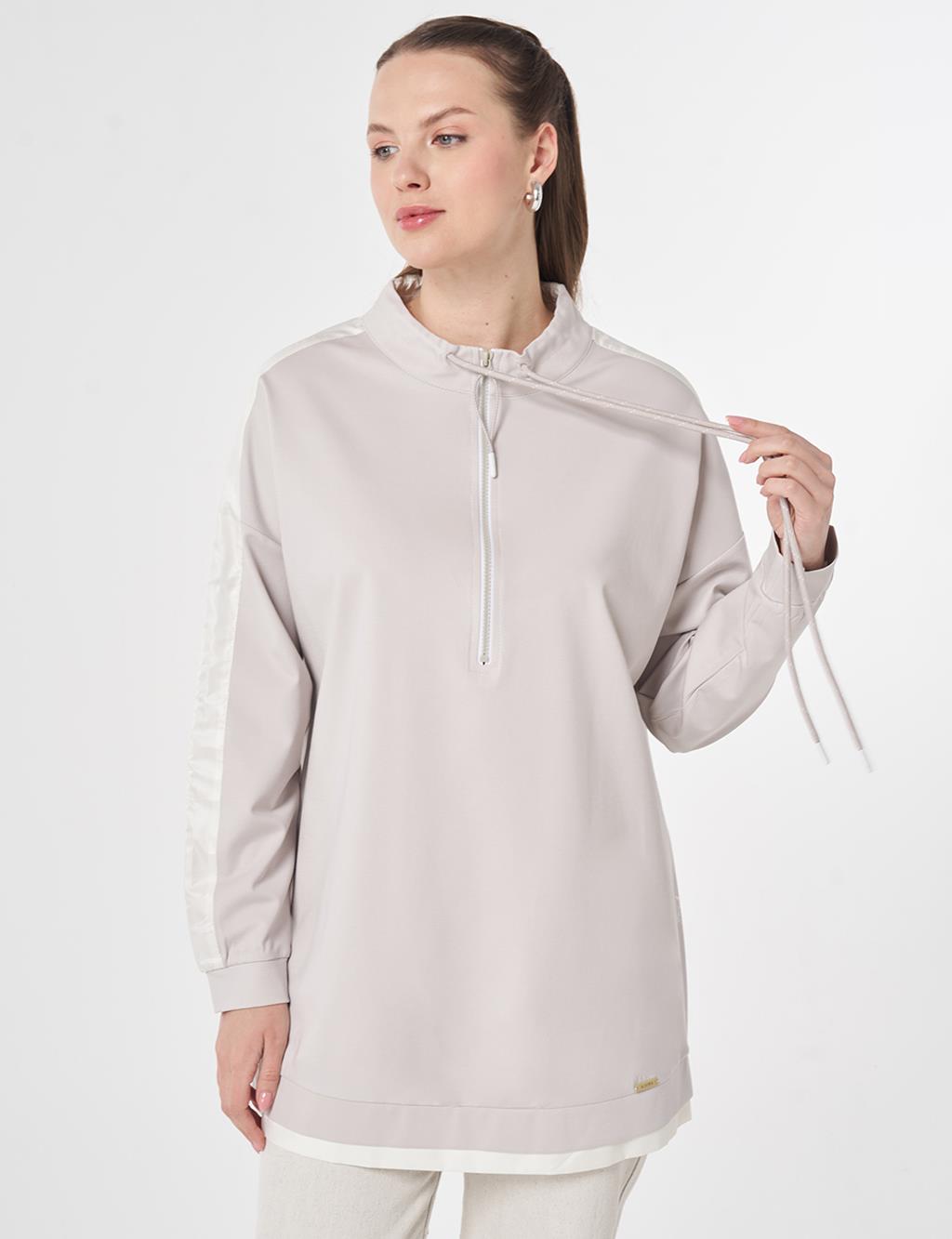 Stand Collar Panel Detail Sweatshirt Light Grey
