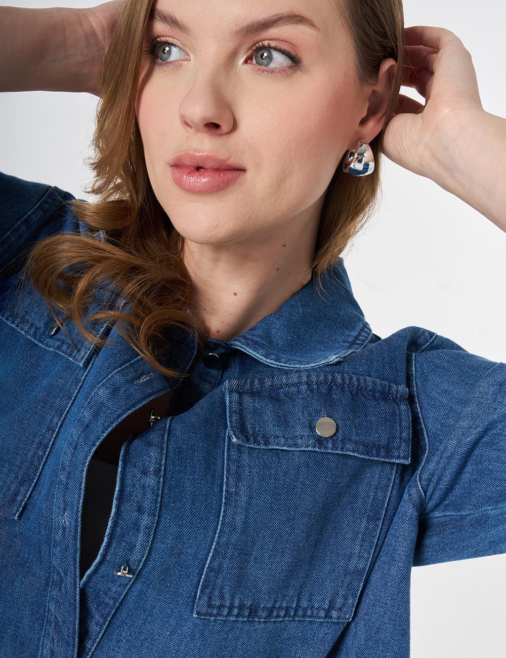 Cep Detaylı Denim Ceket Mavi