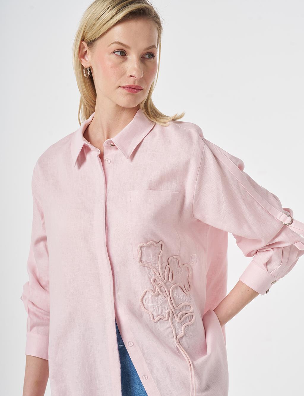 Embroidered Appliqué Linen Lyocell Tunic Powder Pink