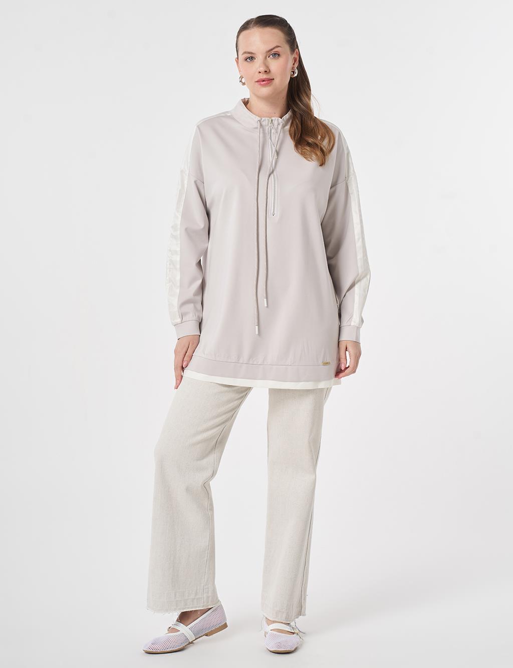 Stand Collar Panel Detail Sweatshirt Light Grey