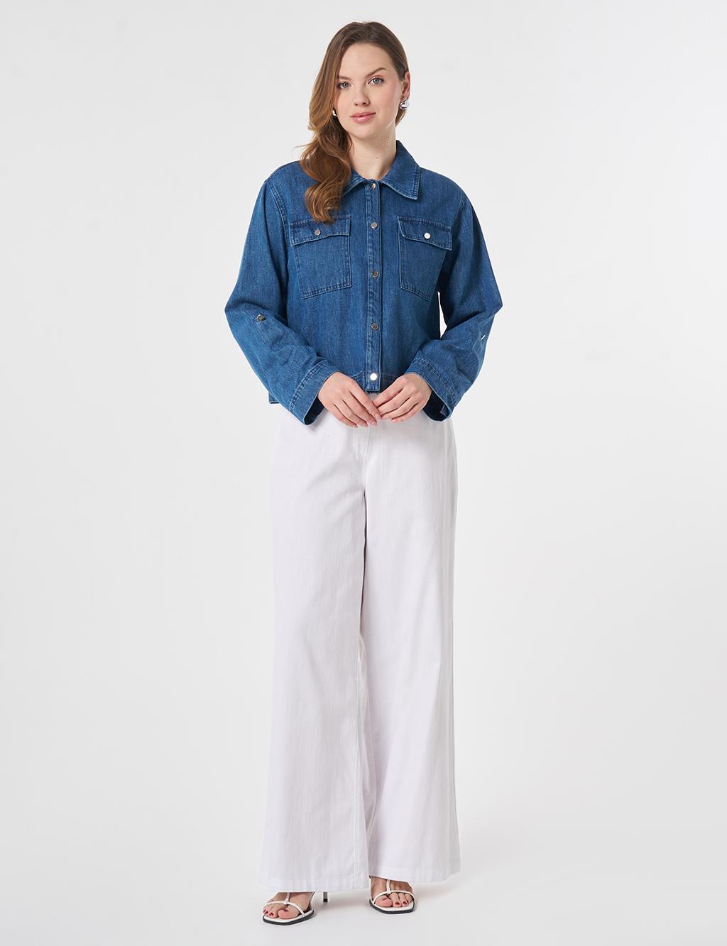 Cep Detaylı Denim Ceket Mavi