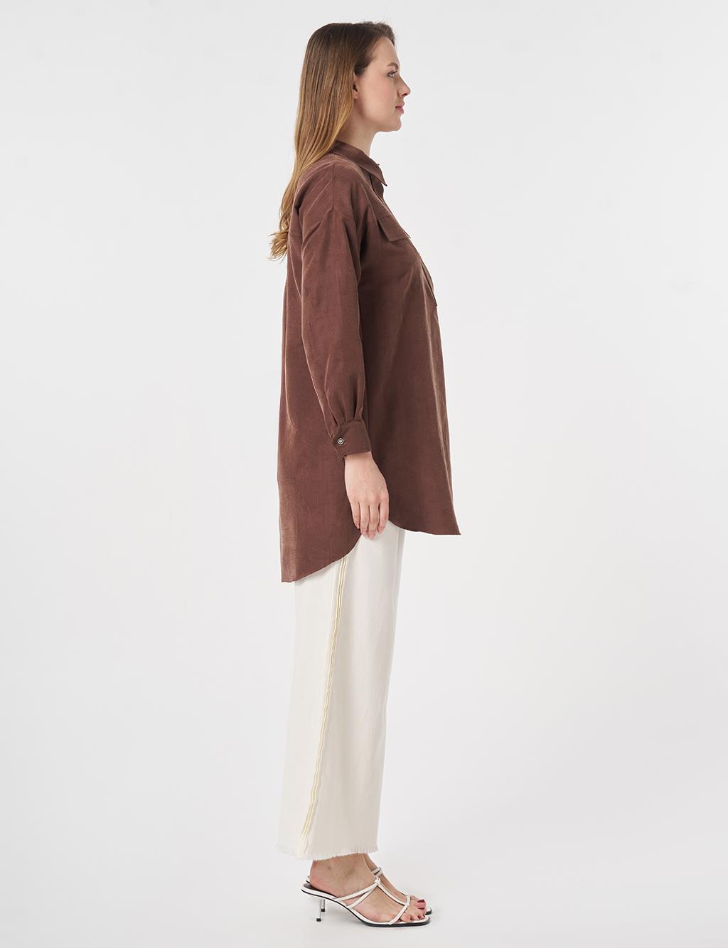 Embroidered Appliqué Flap Pocket Modal Tunic Chocolate