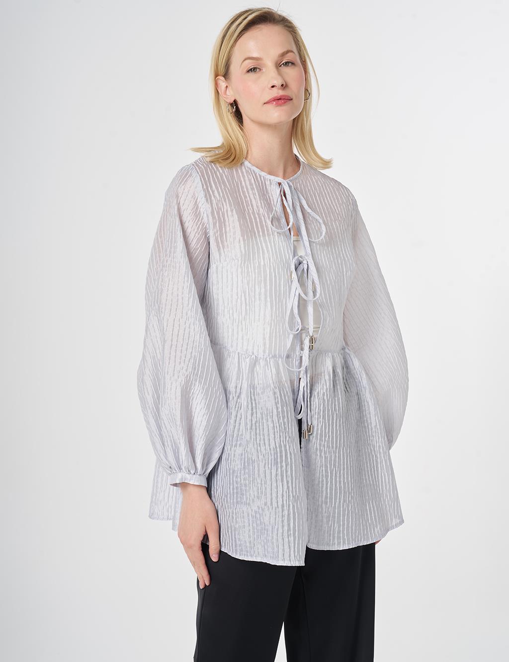 Lace-Up Jacquard Blouse Blue