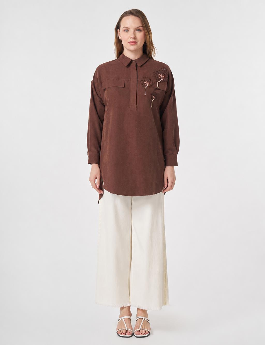 Embroidered Appliqué Flap Pocket Modal Tunic Chocolate