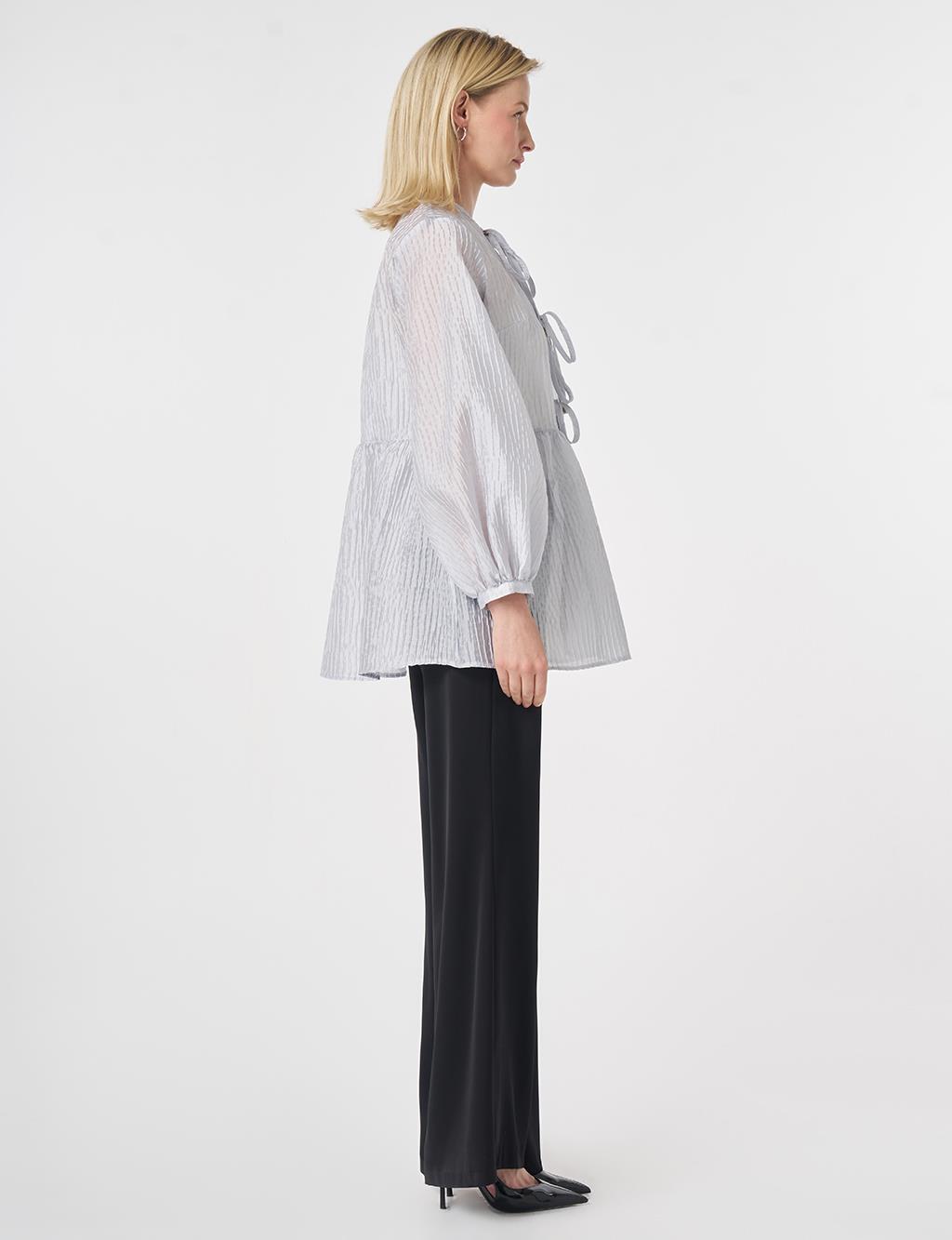 Lace-Up Jacquard Blouse Blue