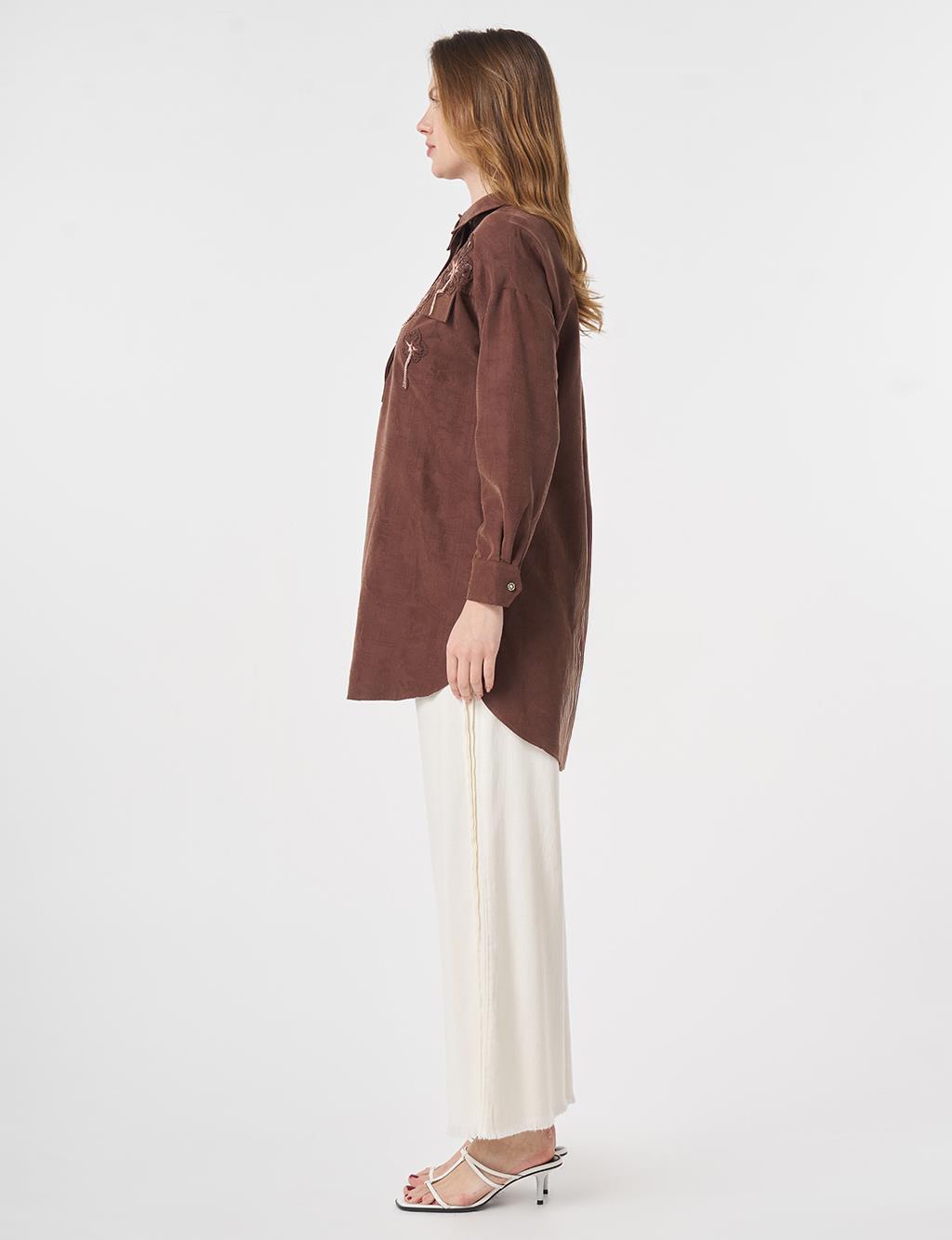 Embroidered Appliqué Flap Pocket Modal Tunic Chocolate