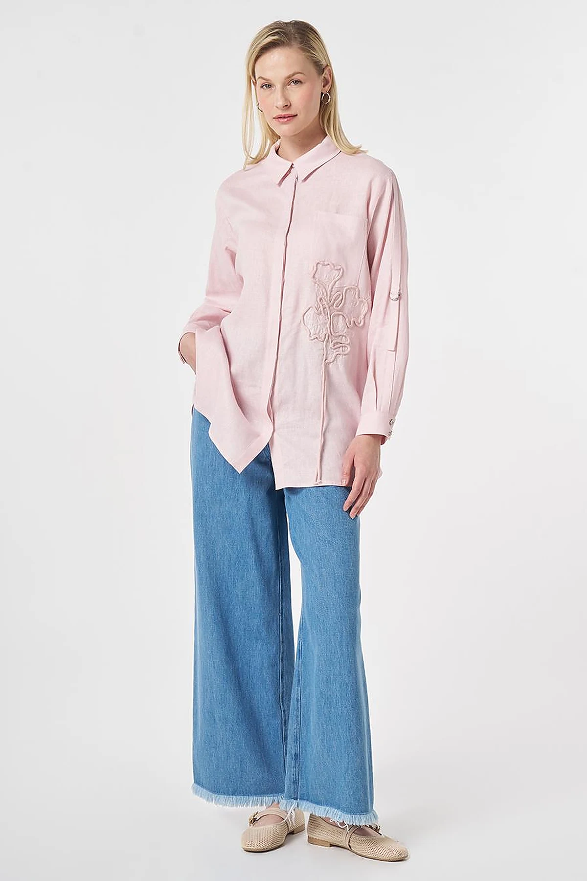 Embroidered Appliqué Linen Lyocell Tunic Powder Pink
