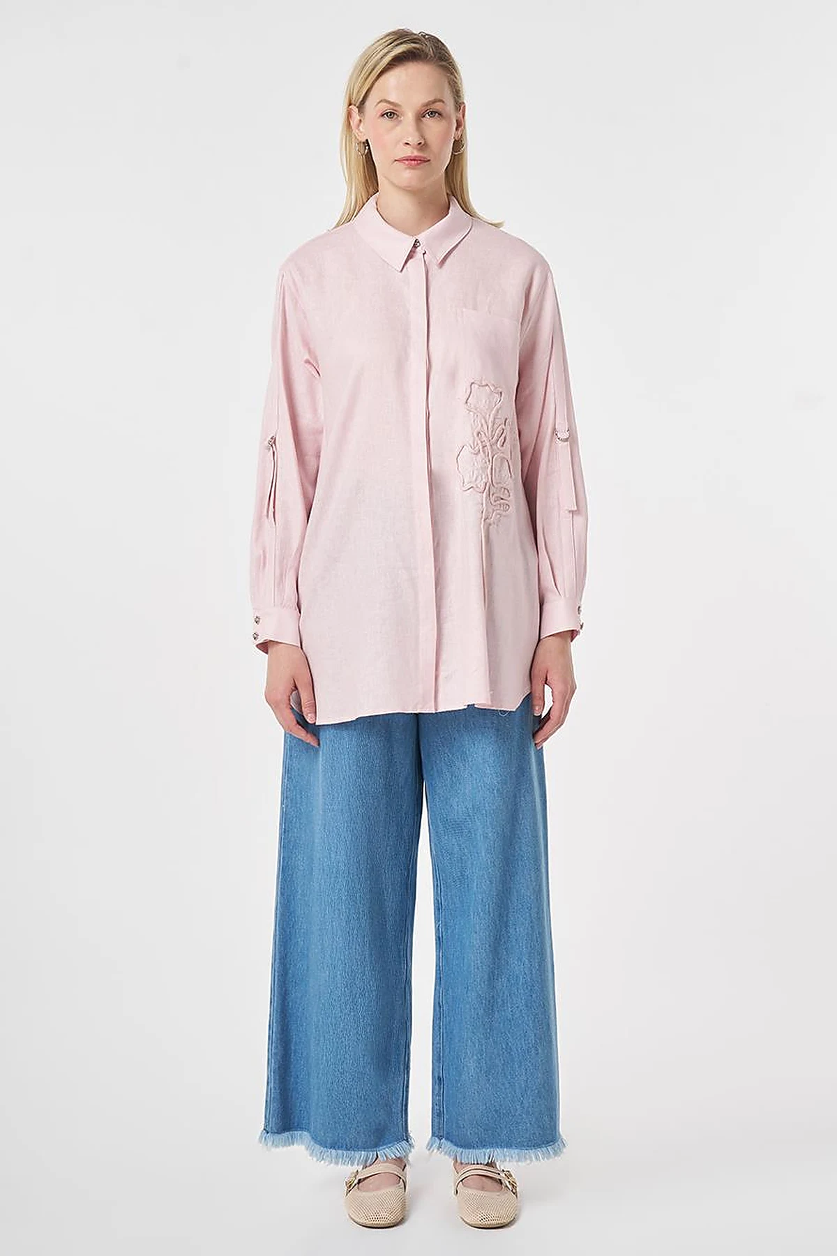 Embroidered Appliqué Linen Lyocell Tunic Powder Pink