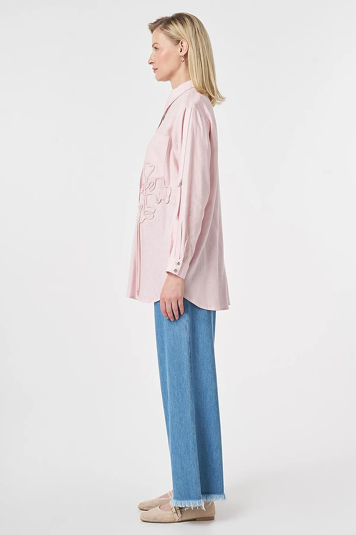 Embroidered Appliqué Linen Lyocell Tunic Powder Pink
