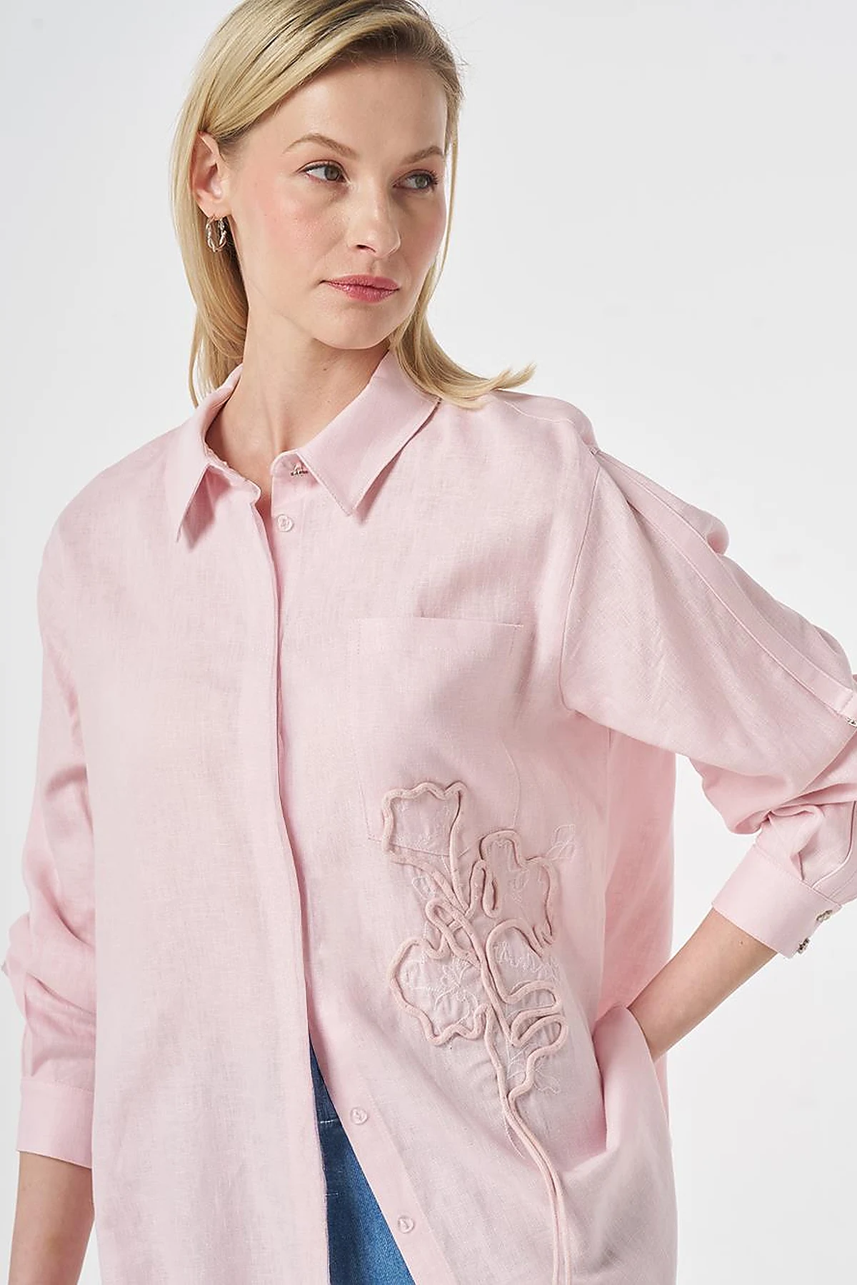 Embroidered Appliqué Linen Lyocell Tunic Powder Pink