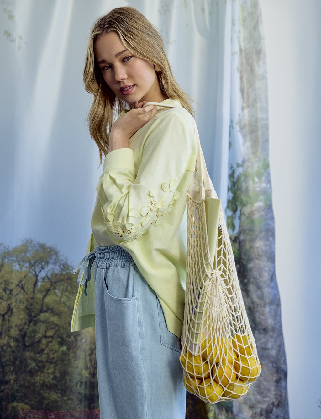 Embroidered Appliqué Cotton Linen Blouse Light Yellow
