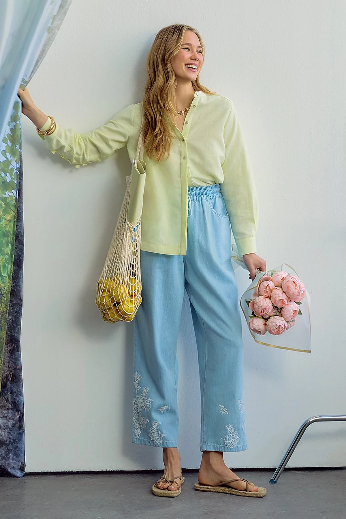 Embroidered Appliqué Cotton Linen Blouse Light Yellow