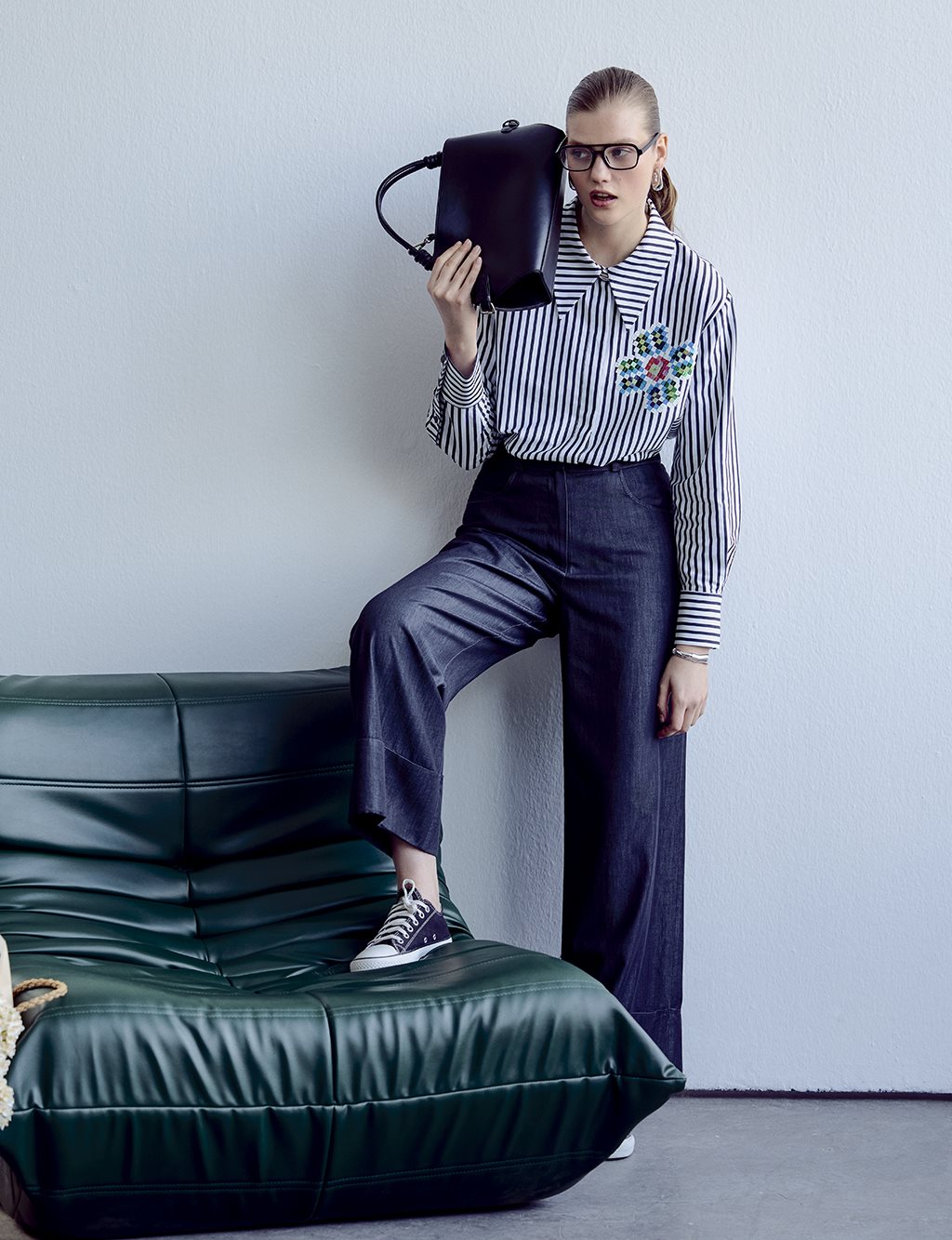 Geniş Paça Denim Pantolon Siyah